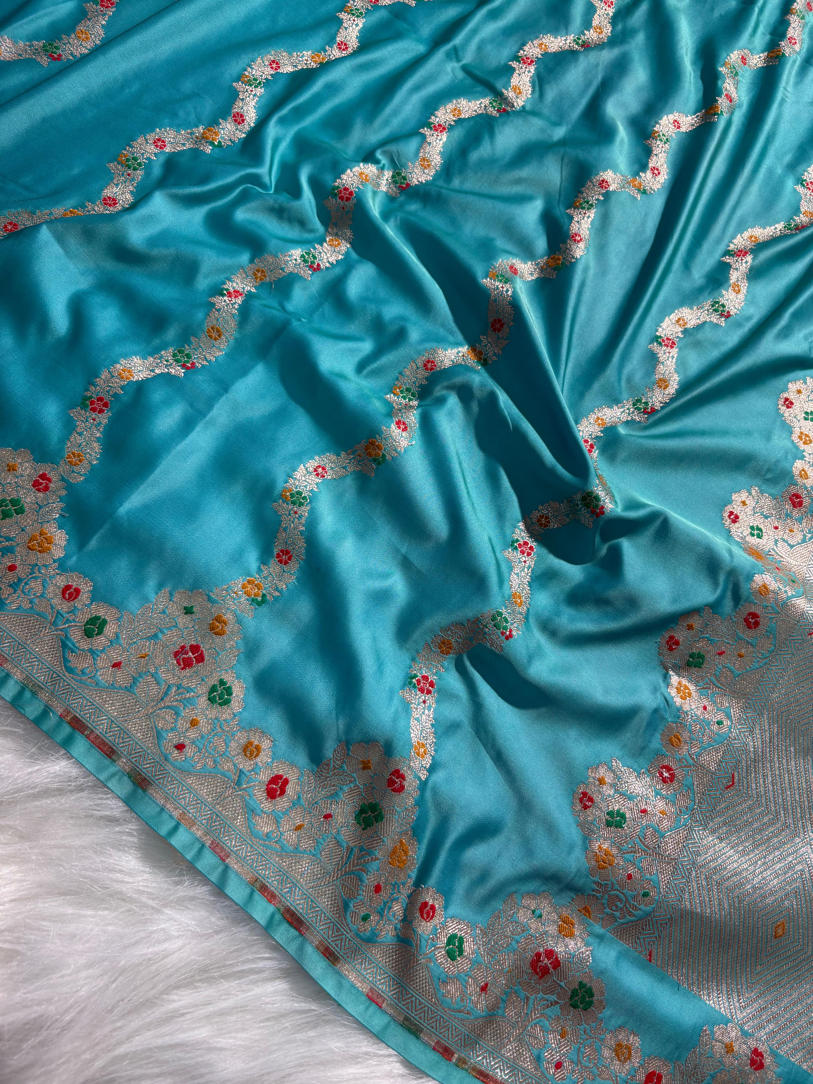 Teal Blue Minakari Floral Strips Pattern Mashru Silk Saree