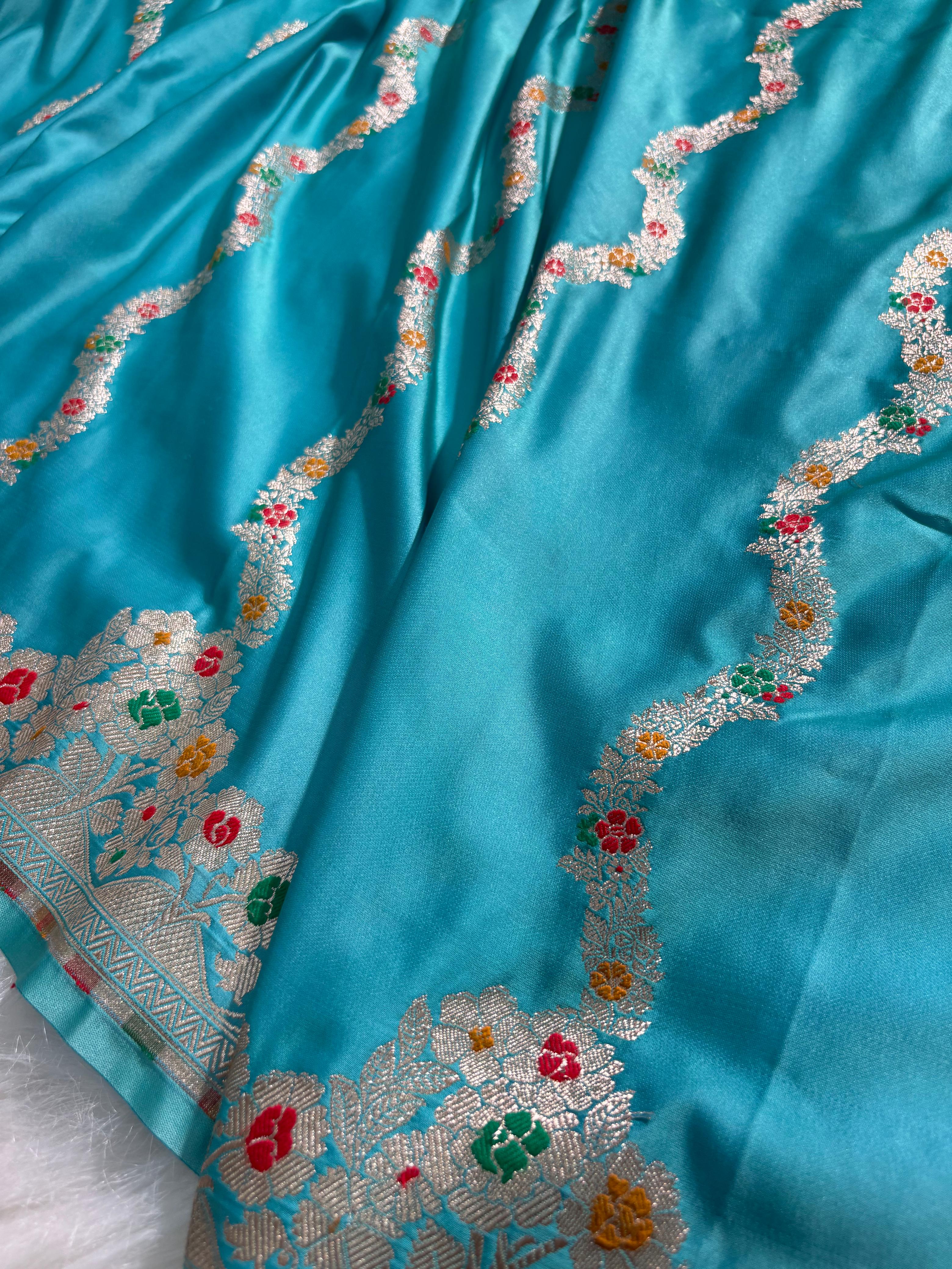 Teal Blue Minakari Floral Strips Pattern Mashru Silk Saree