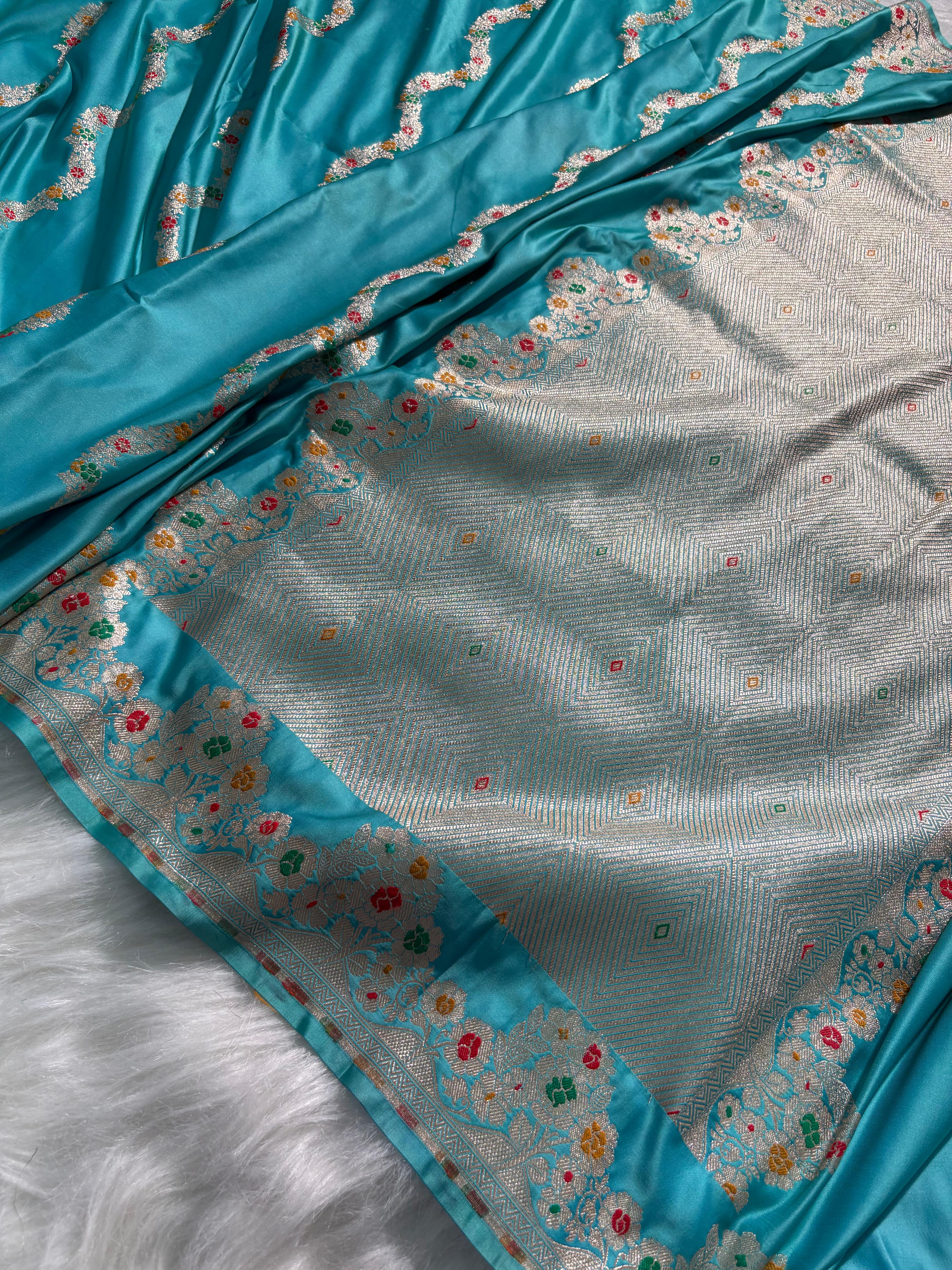 Teal Blue Minakari Floral Strips Pattern Mashru Silk Saree