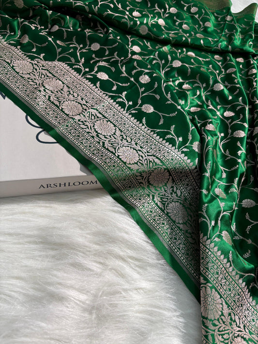 Bottle Green Floral Jaal Pattern Mashru Silk Saree