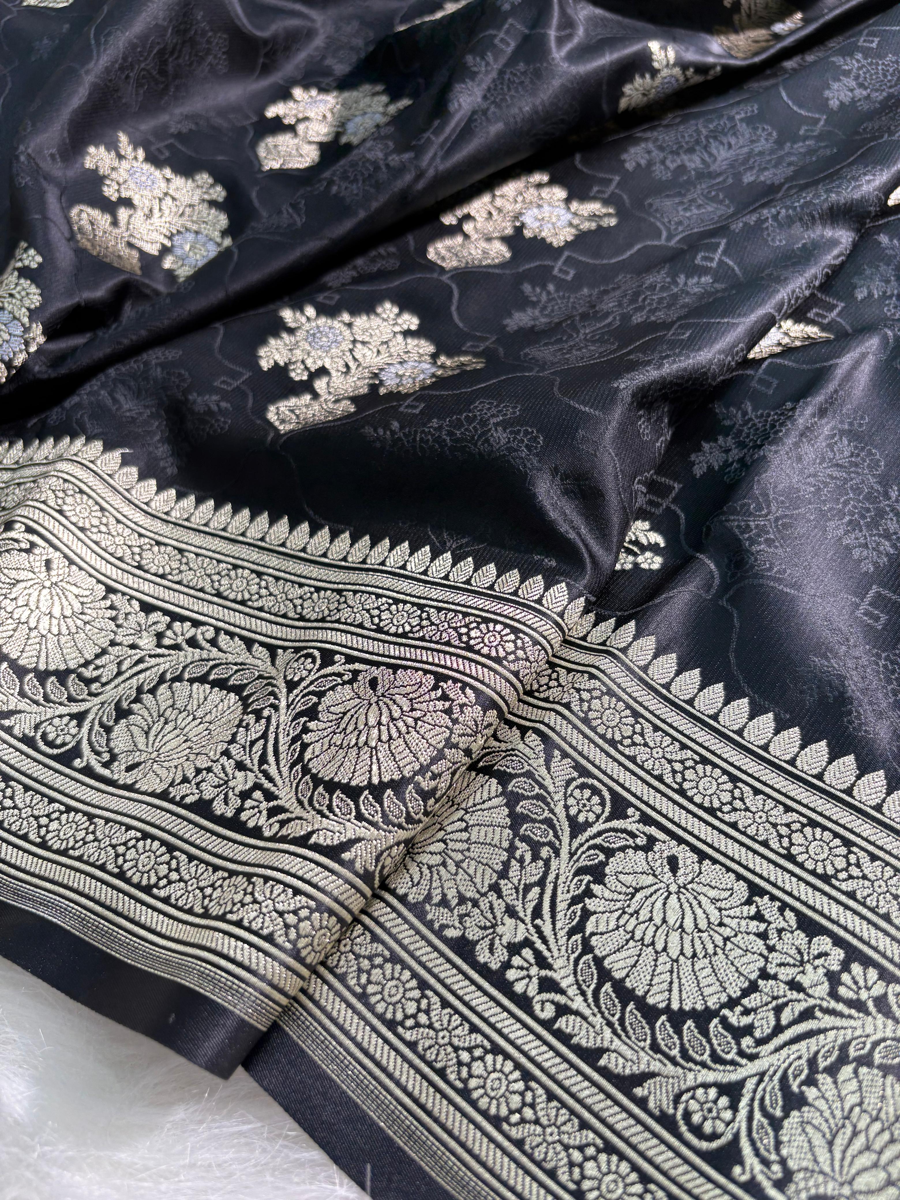 Banarasi Tanchoi Black Floral Boota Mashru Silk Saree
