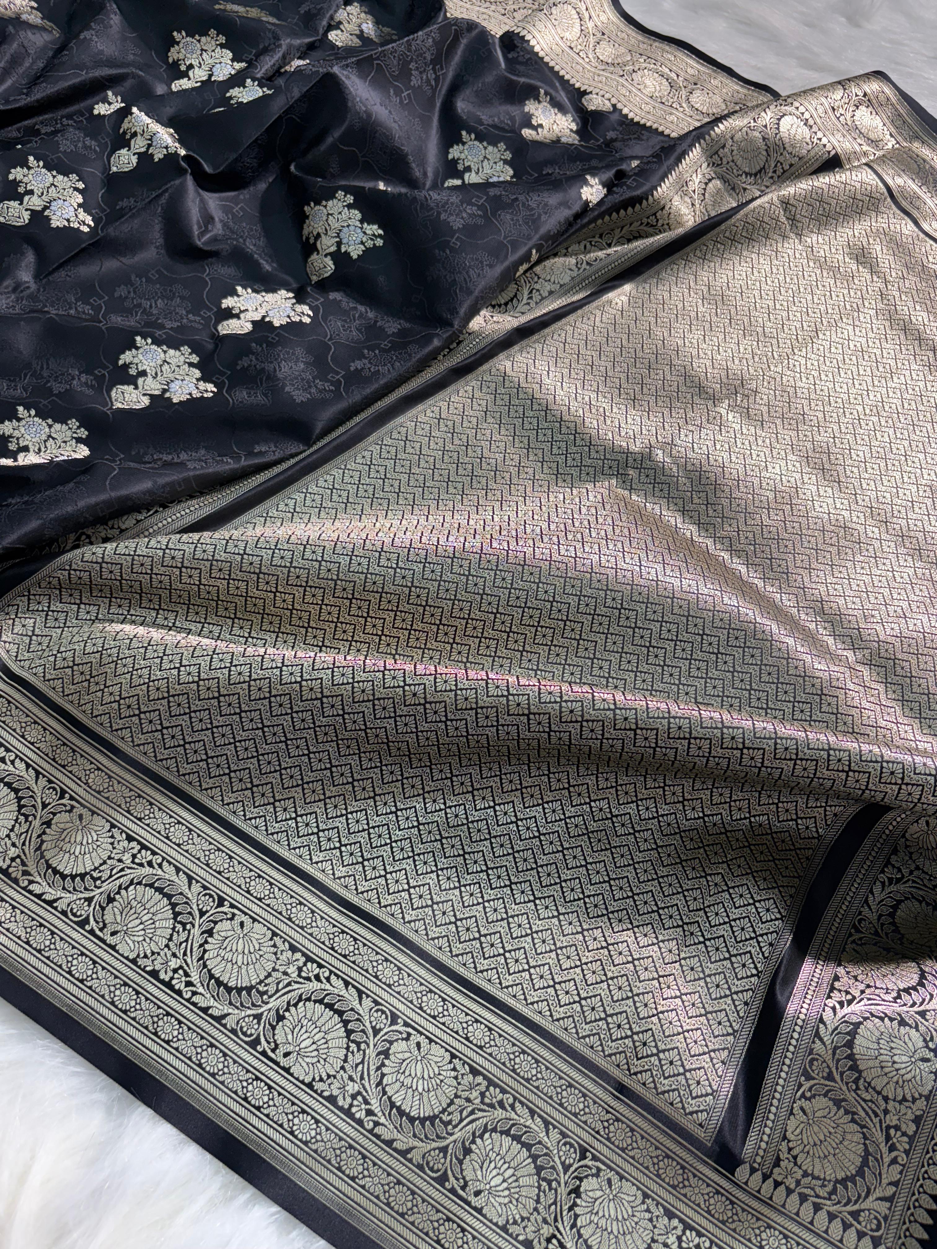 Banarasi Tanchoi Black Floral Boota Mashru Silk Saree