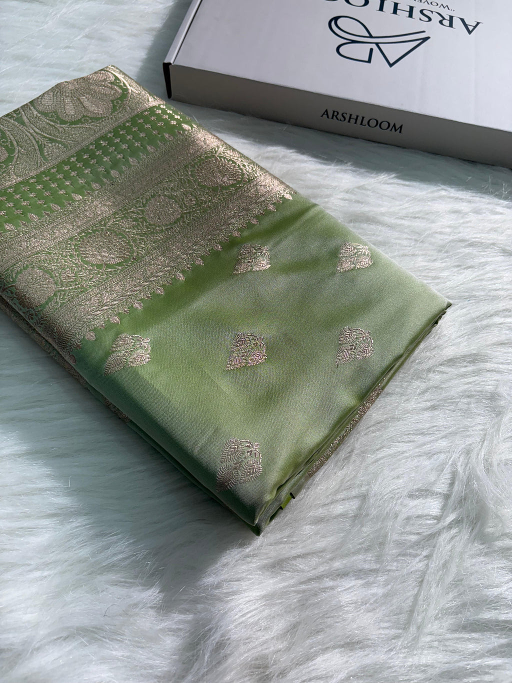 Olive Green Boota Pattern Satin Katan Silk Saree