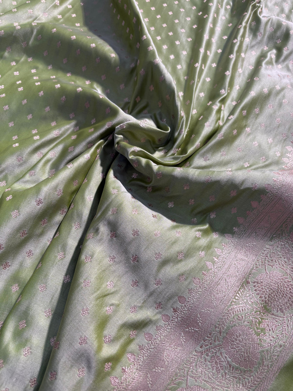 Olive Green Boota Pattern Satin Katan Silk Saree