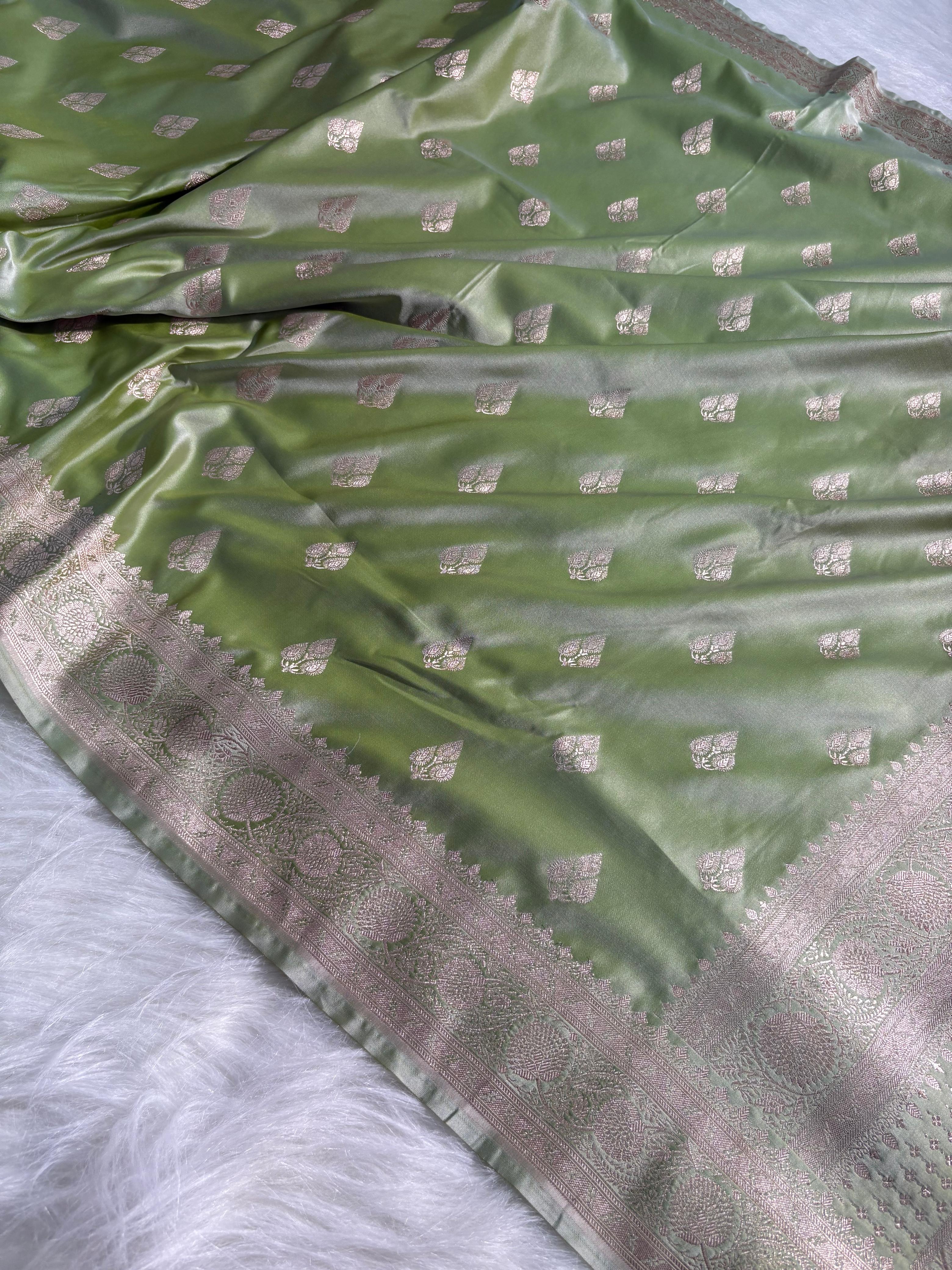 Olive Green Boota Pattern Satin Katan Silk Saree