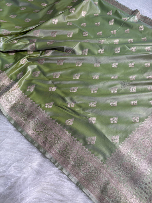 Olive Green Boota Pattern Satin Katan Silk Saree