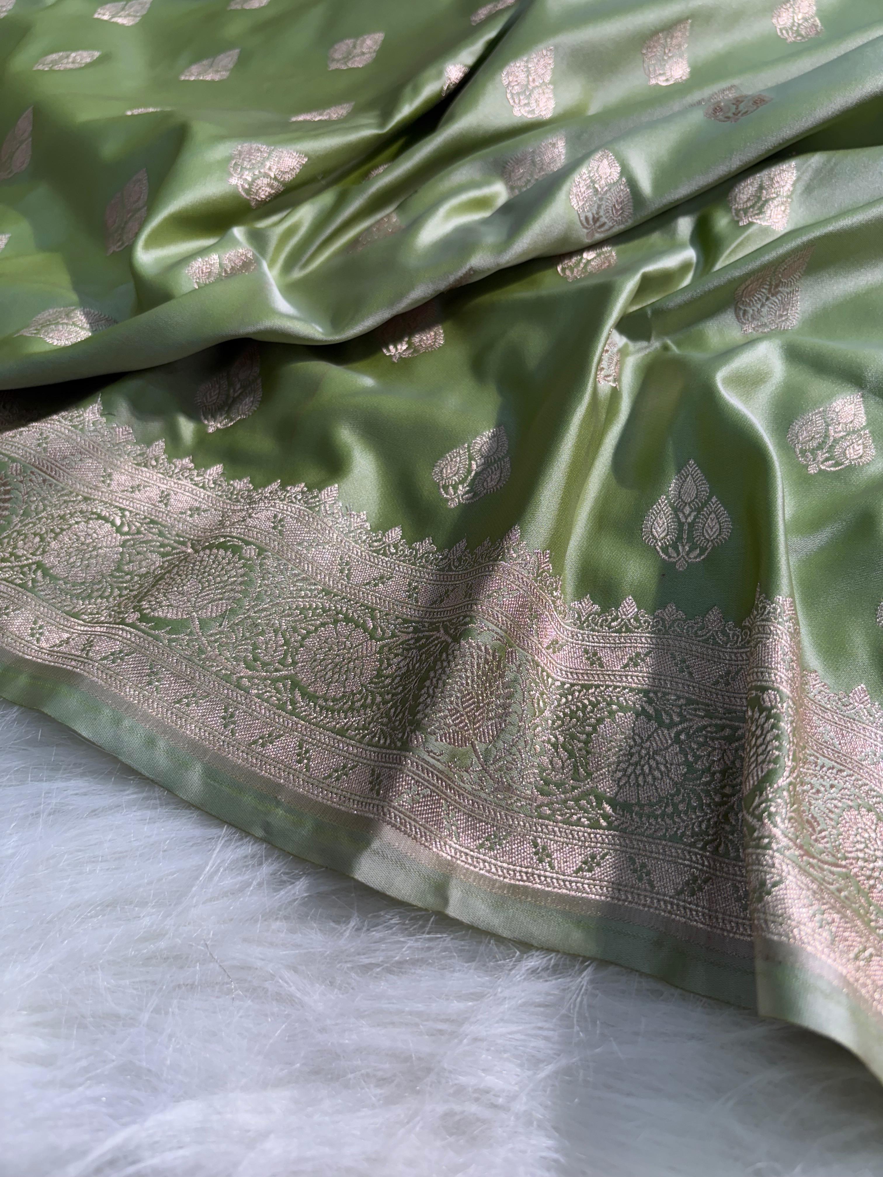 Olive Green Boota Pattern Satin Katan Silk Saree