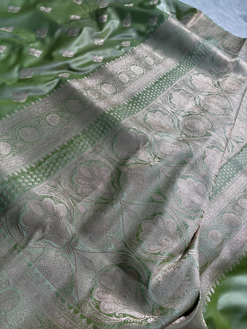 Olive Green Boota Pattern Satin Katan Silk Saree
