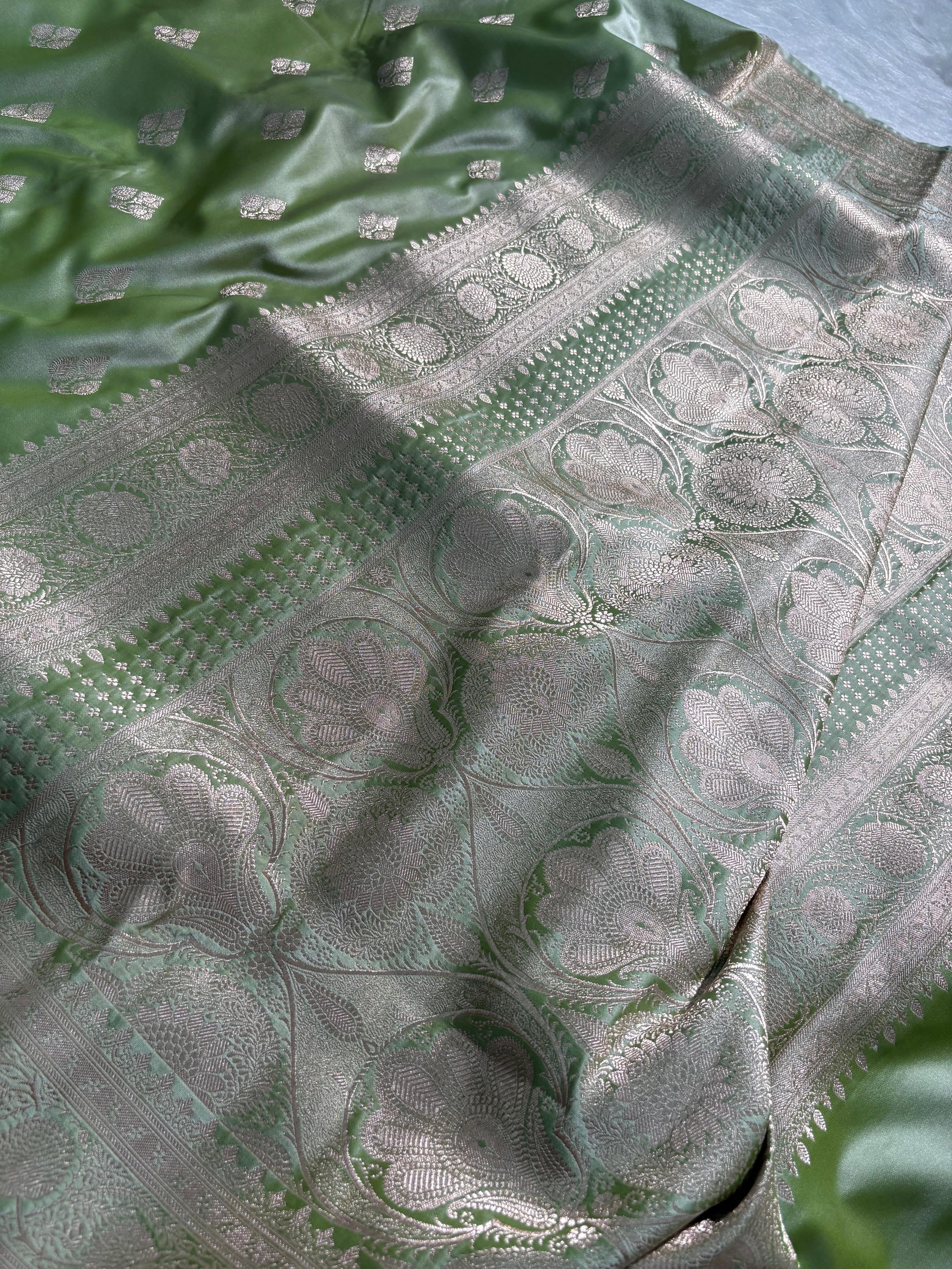 Olive Green Boota Pattern Satin Katan Silk Saree