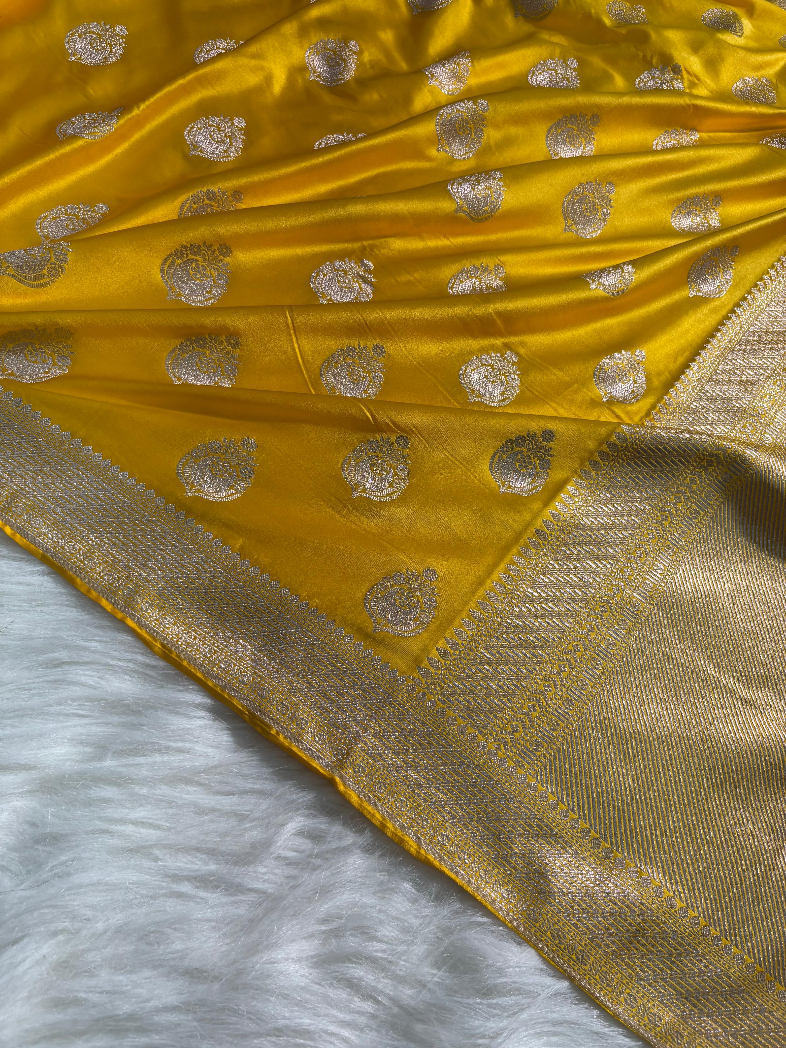 Golden Mustard Banarasi Boota Mashru Silk Saree