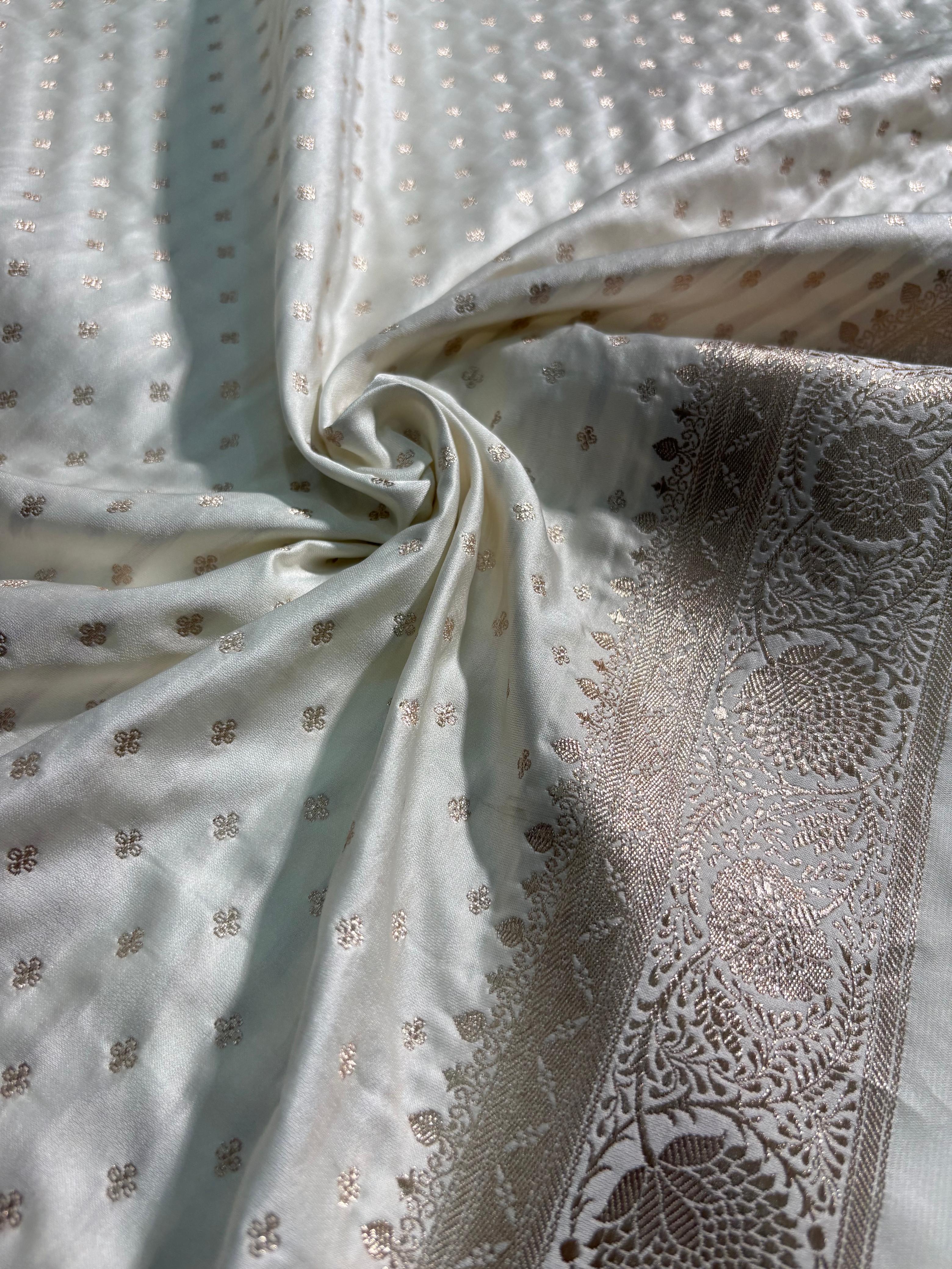 Ivory Cream Boota Pattern Satin Katan Silk Saree