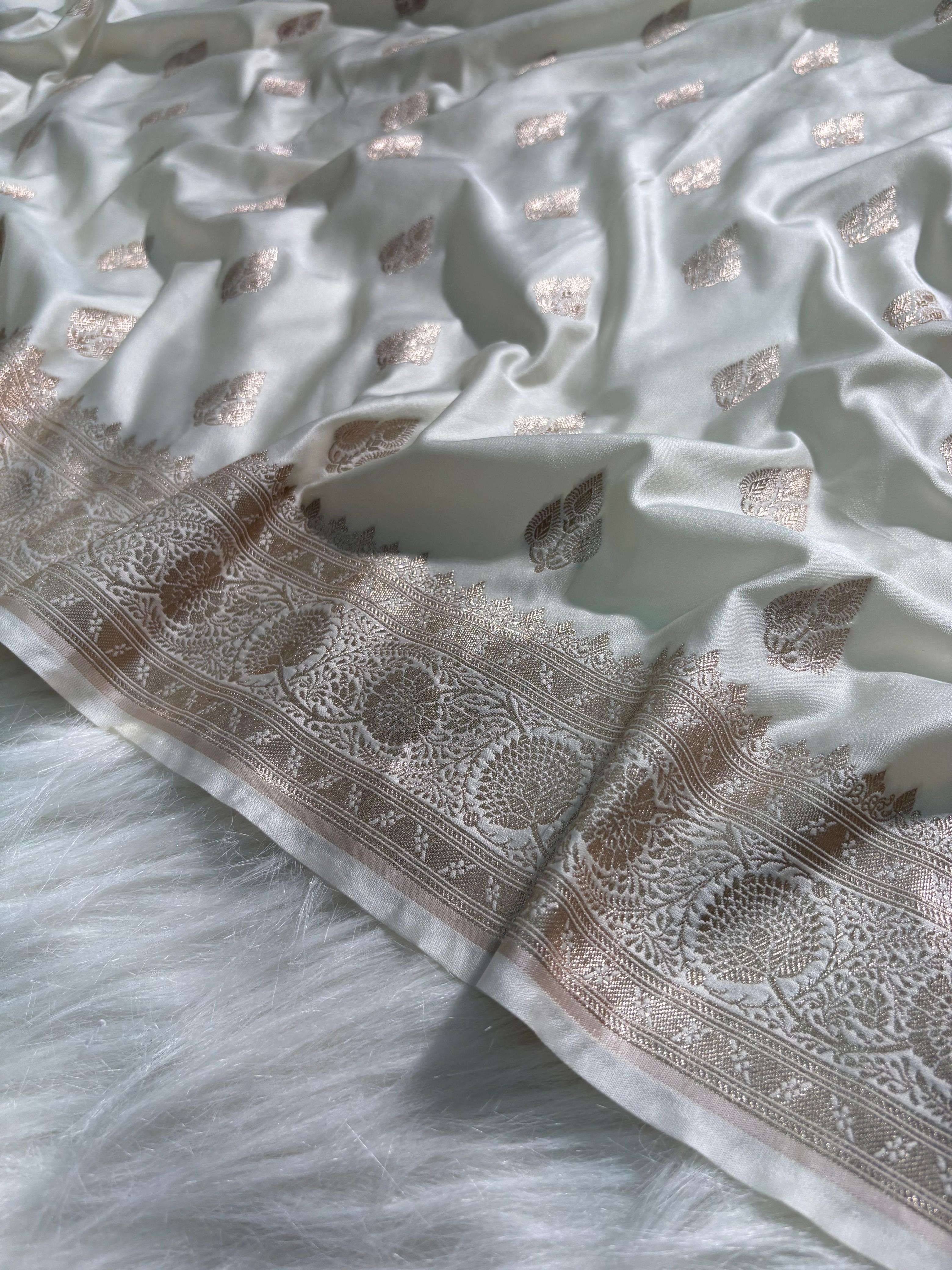 Ivory Cream Boota Pattern Satin Katan Silk Saree