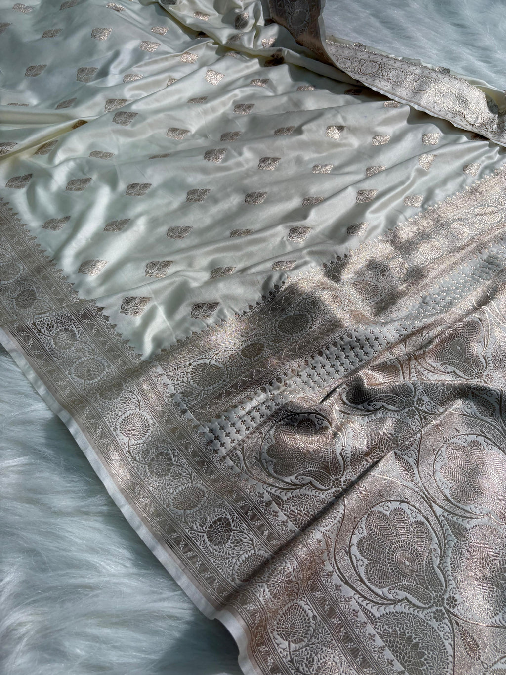 Ivory Cream Boota Pattern Satin Katan Silk Saree