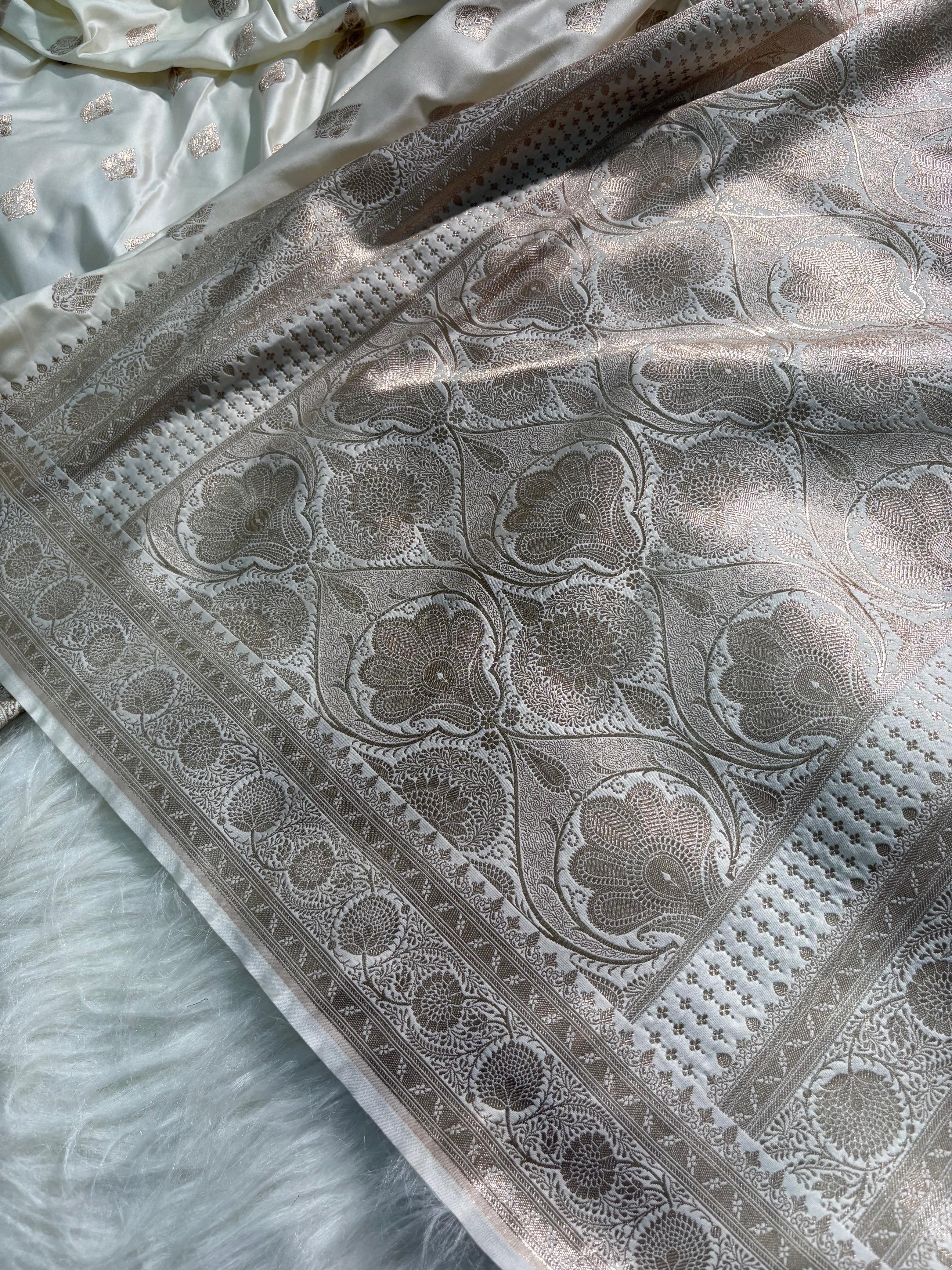 Ivory Cream Boota Pattern Satin Katan Silk Saree