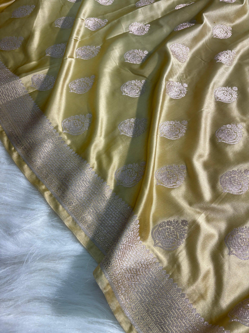 Lemon Mist Boota Pattern Satin Katan Silk Saree