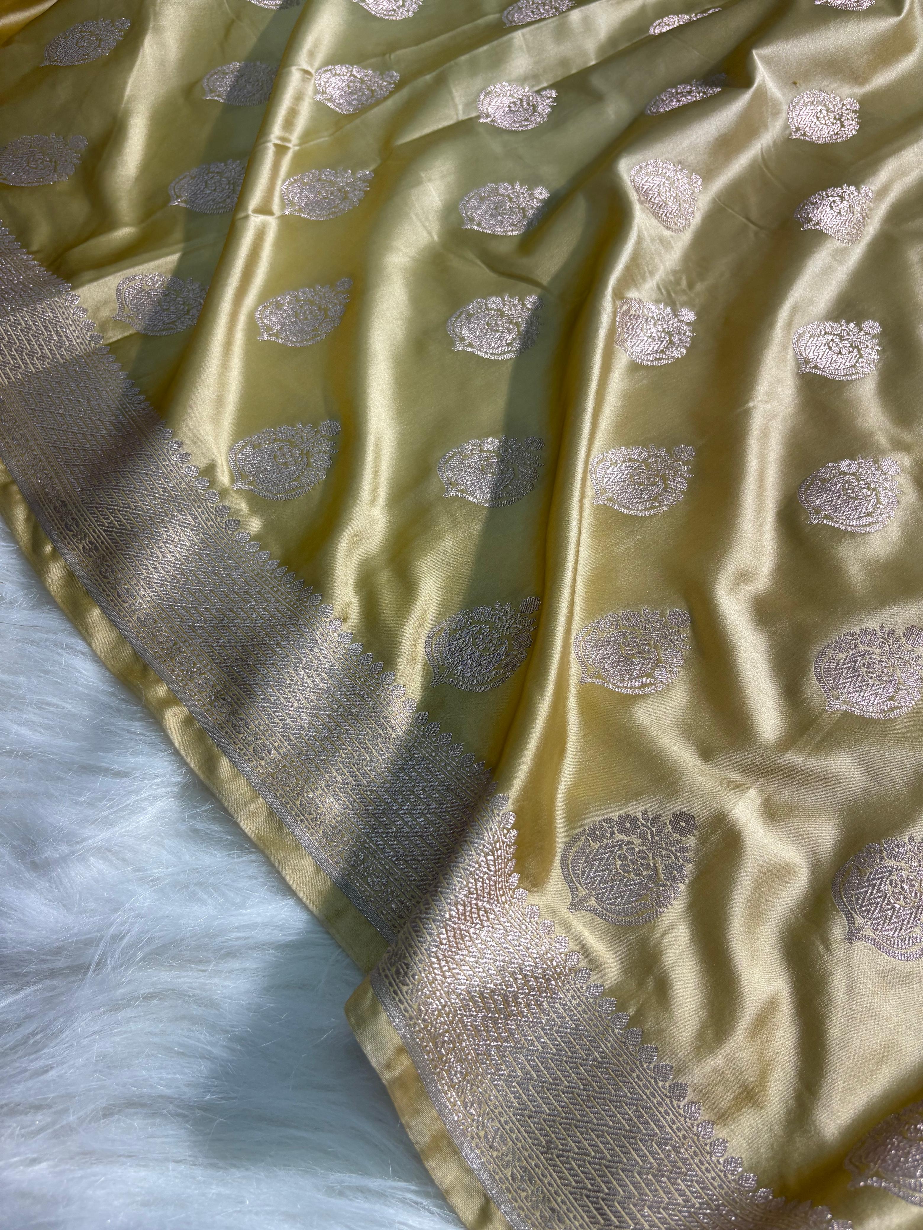 Lemon Mist Boota Pattern Satin Katan Silk Saree
