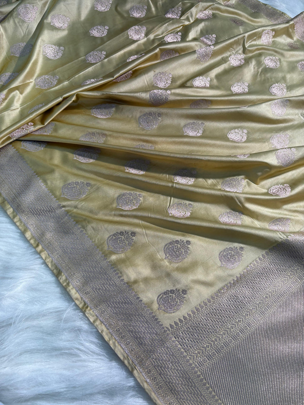 Lemon Mist Boota Pattern Satin Katan Silk Saree