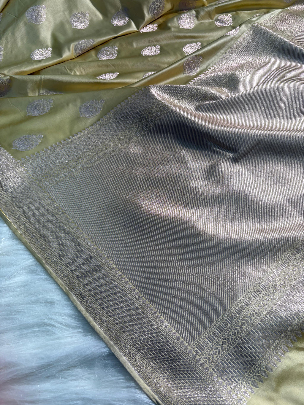 Lemon Mist Boota Pattern Satin Katan Silk Saree