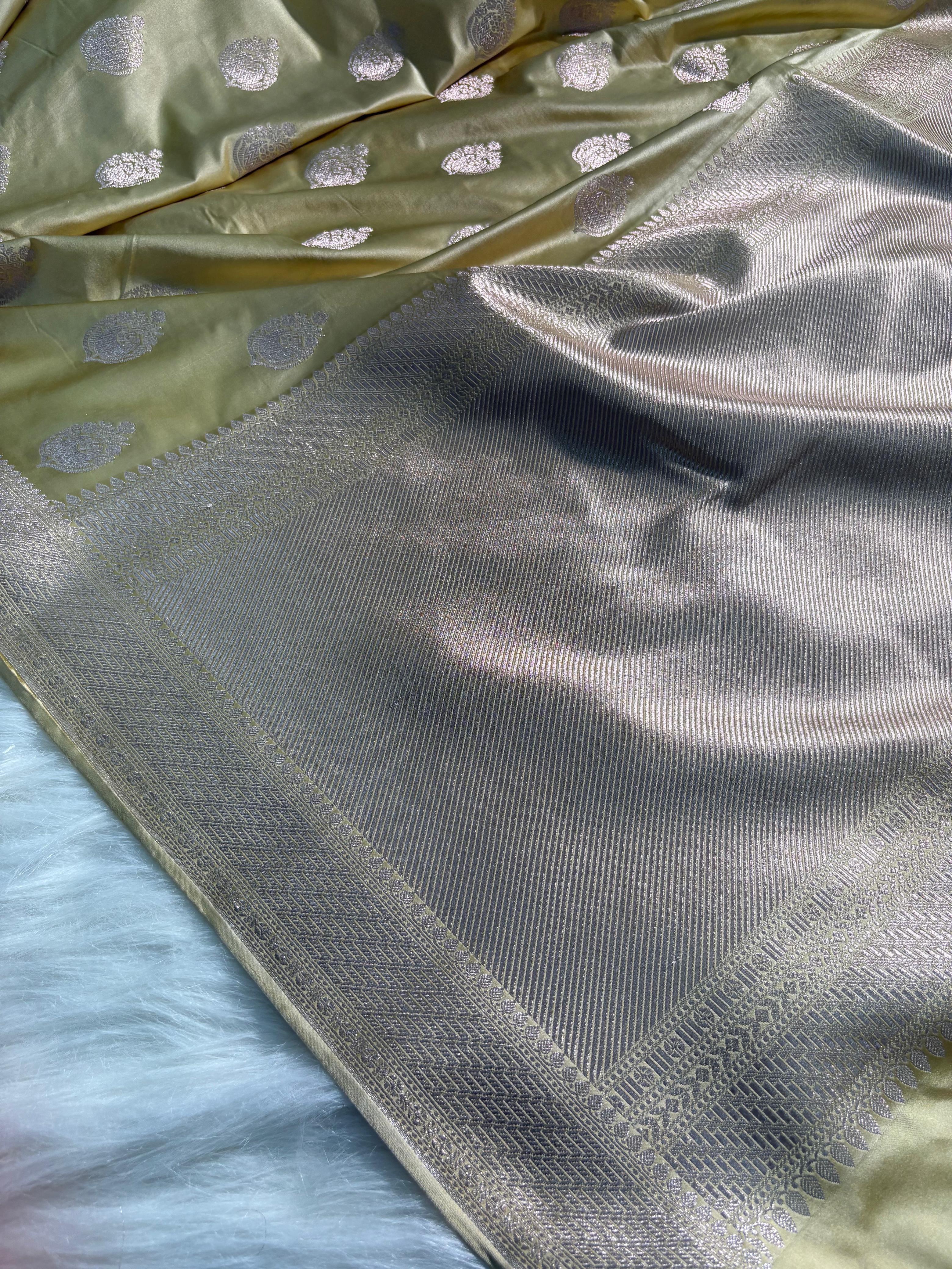 Lemon Mist Boota Pattern Satin Katan Silk Saree