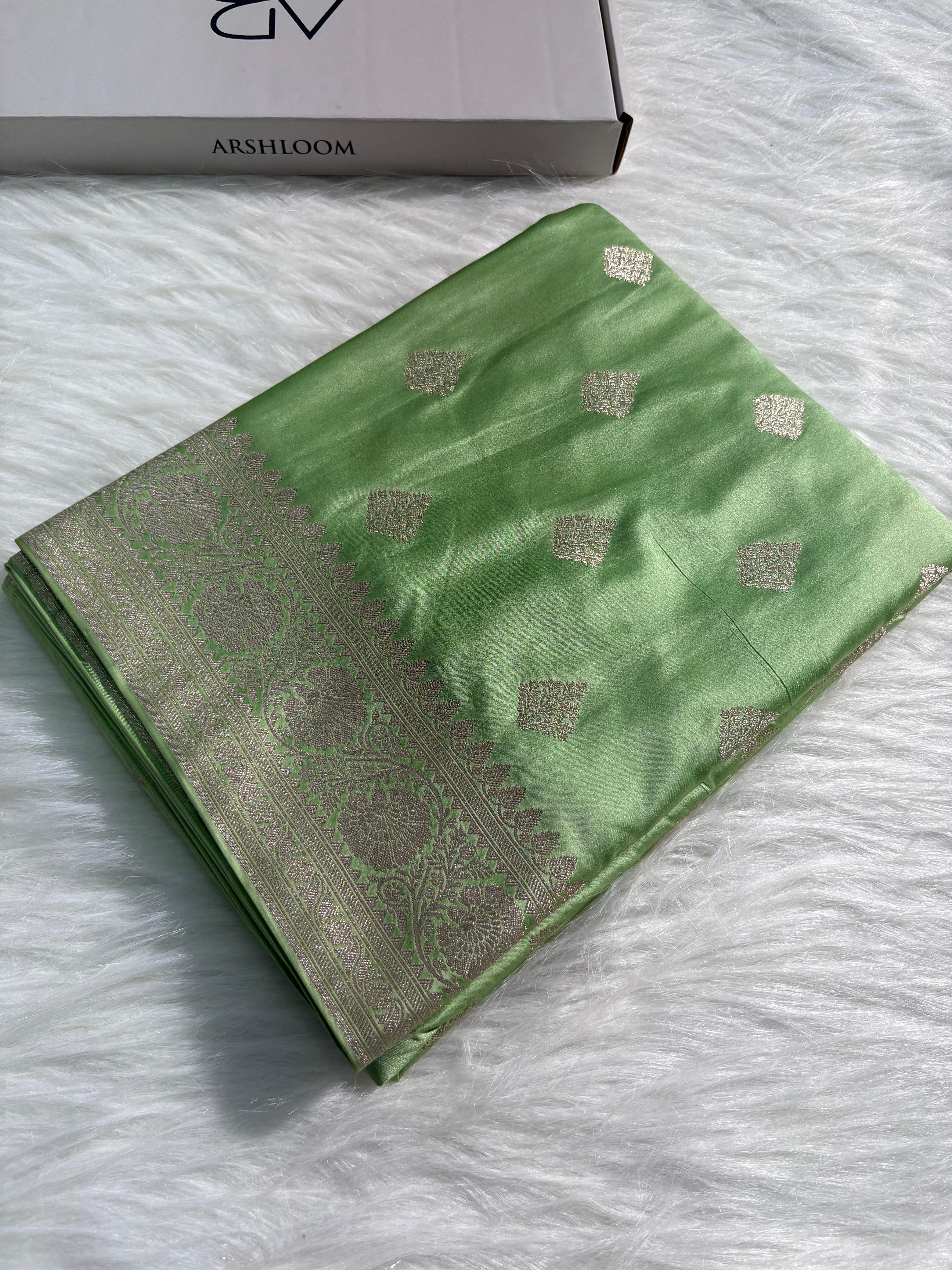 Olive Green Boota Pattern Satin Katan Silk Saree