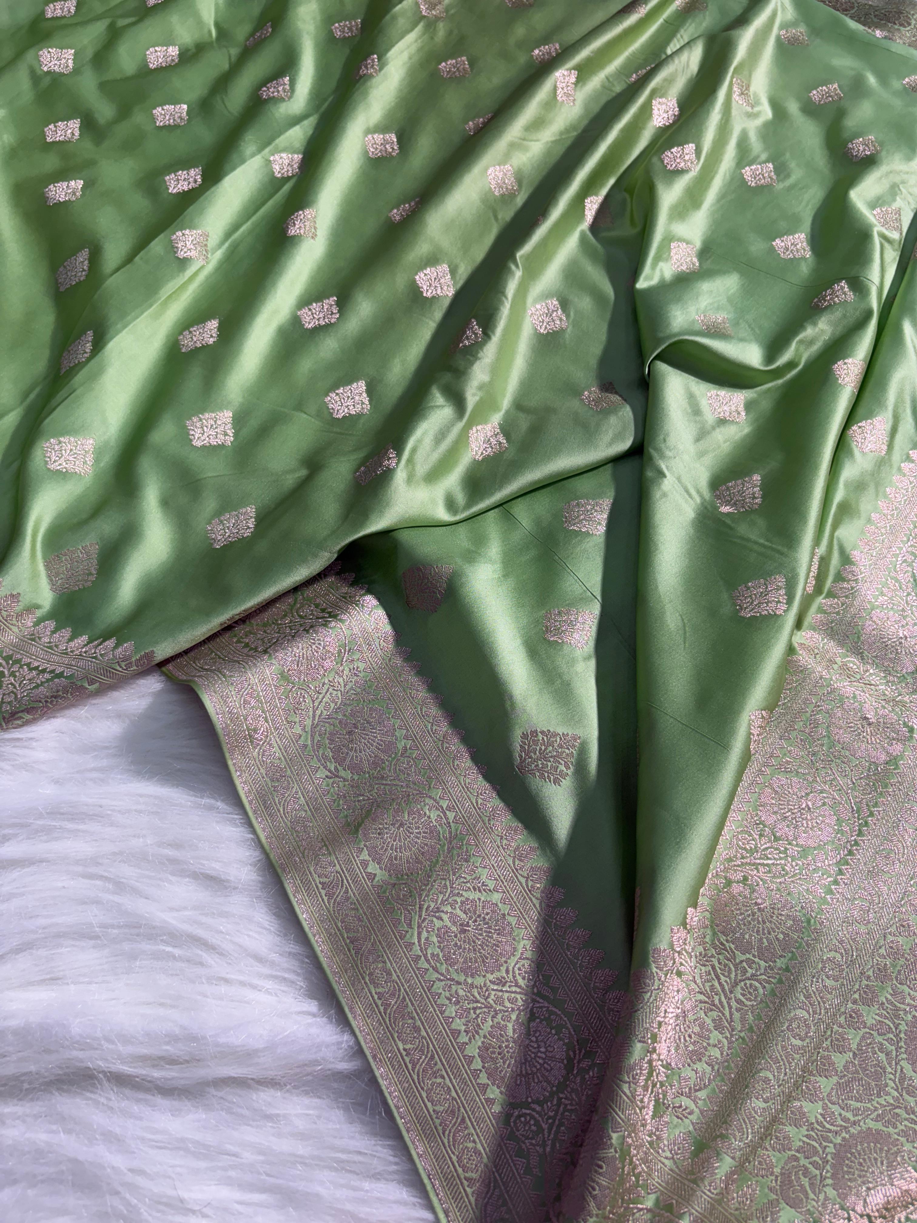 Olive Green Boota Pattern Satin Katan Silk Saree