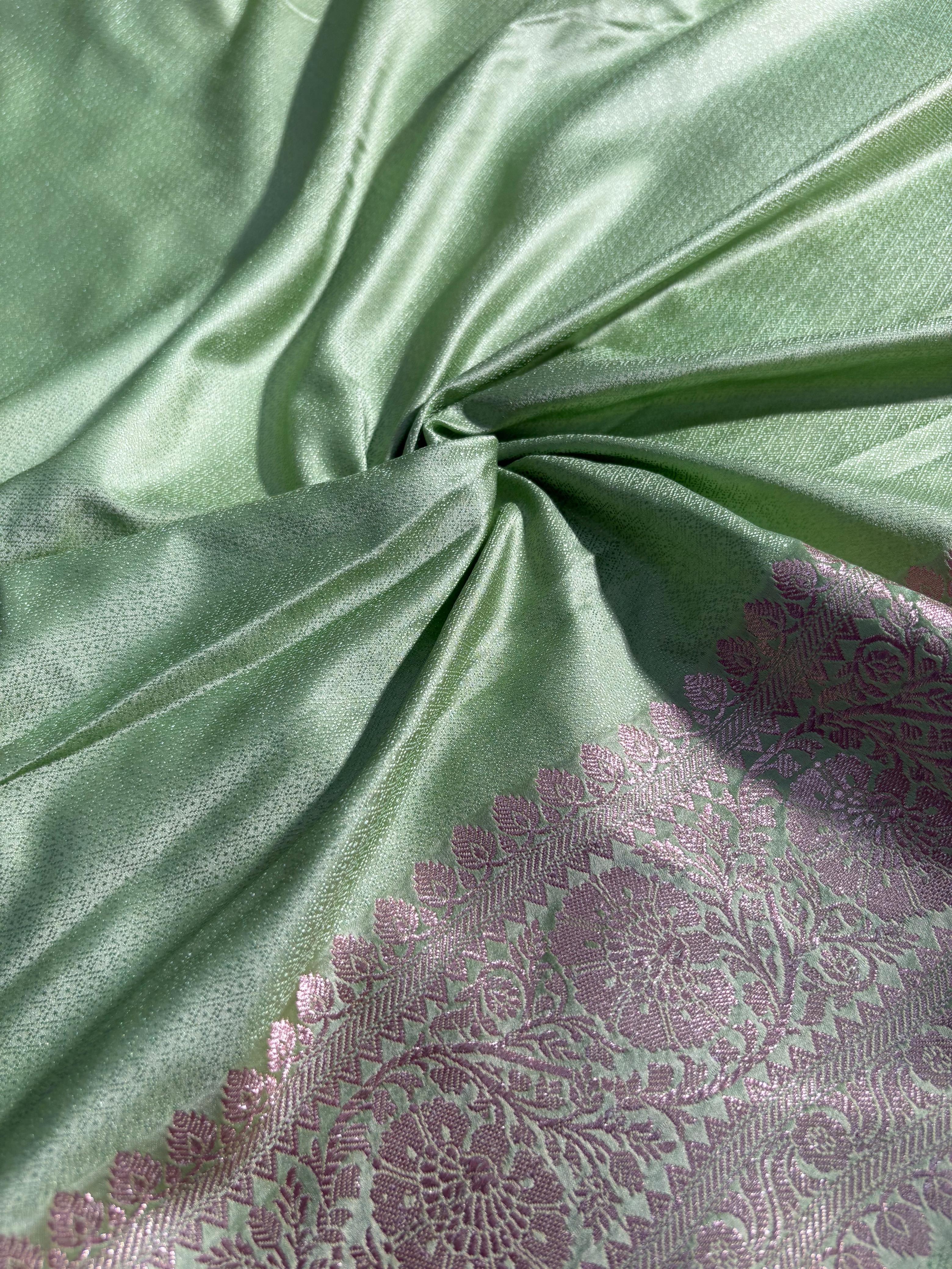Olive Green Boota Pattern Satin Katan Silk Saree