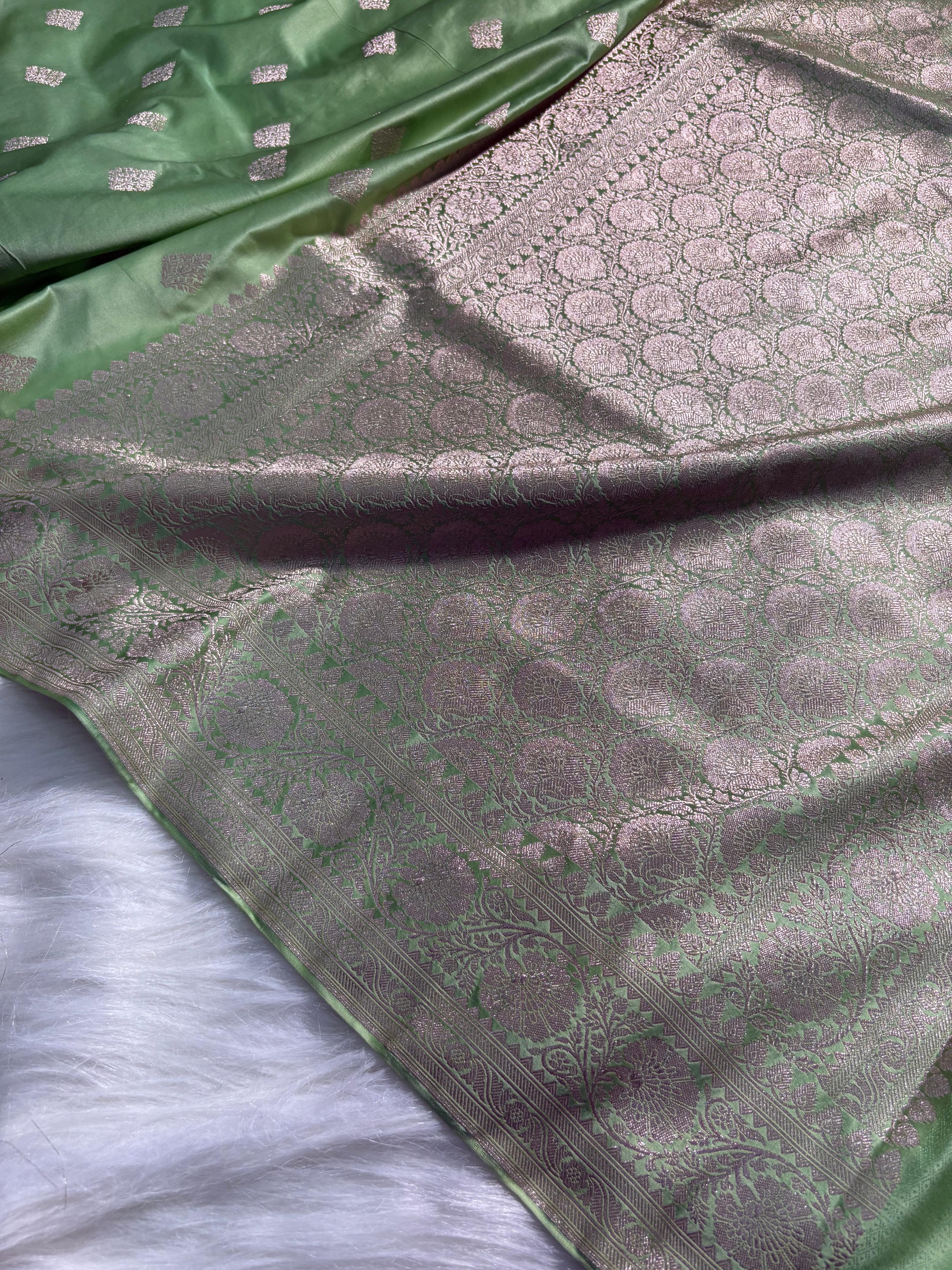 Olive Green Boota Pattern Satin Katan Silk Saree