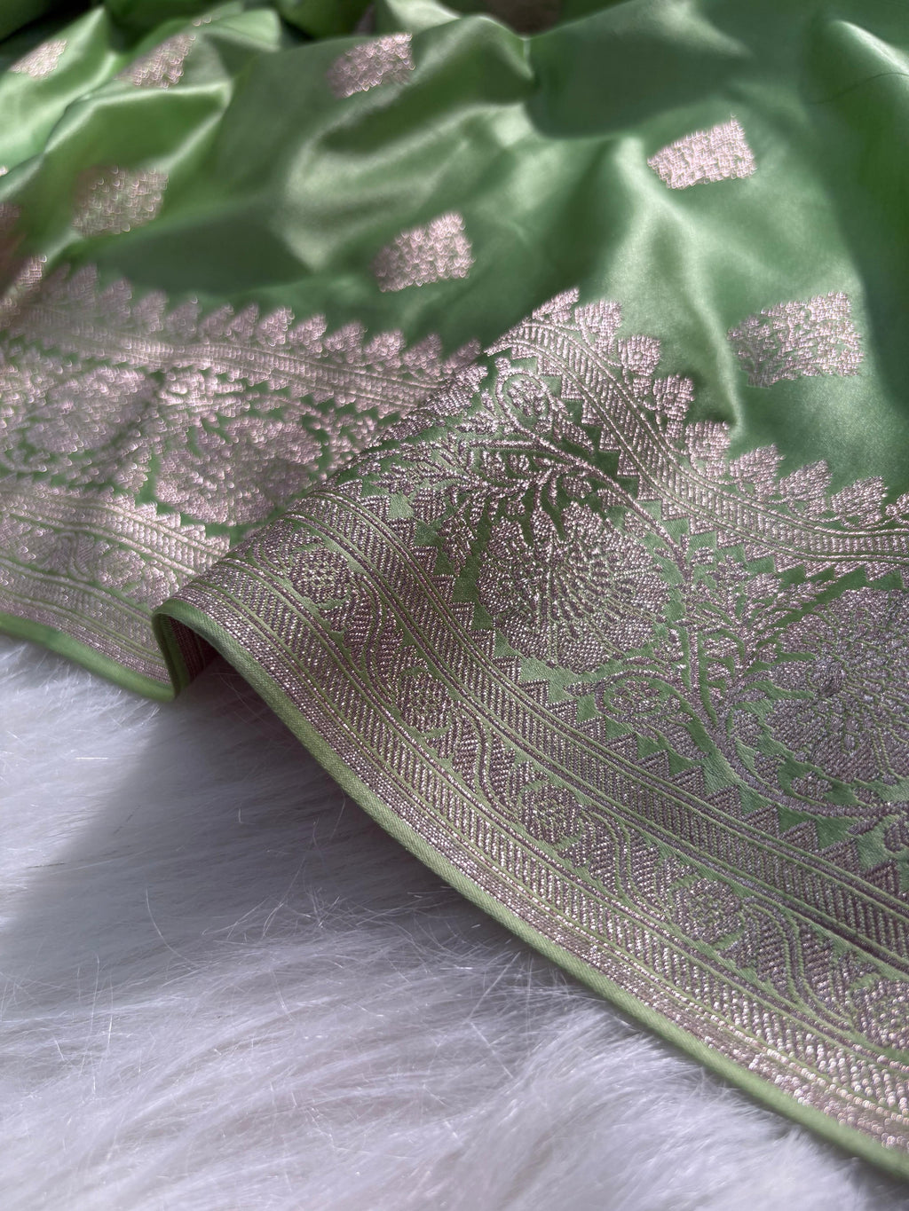 Olive Green Boota Pattern Satin Katan Silk Saree