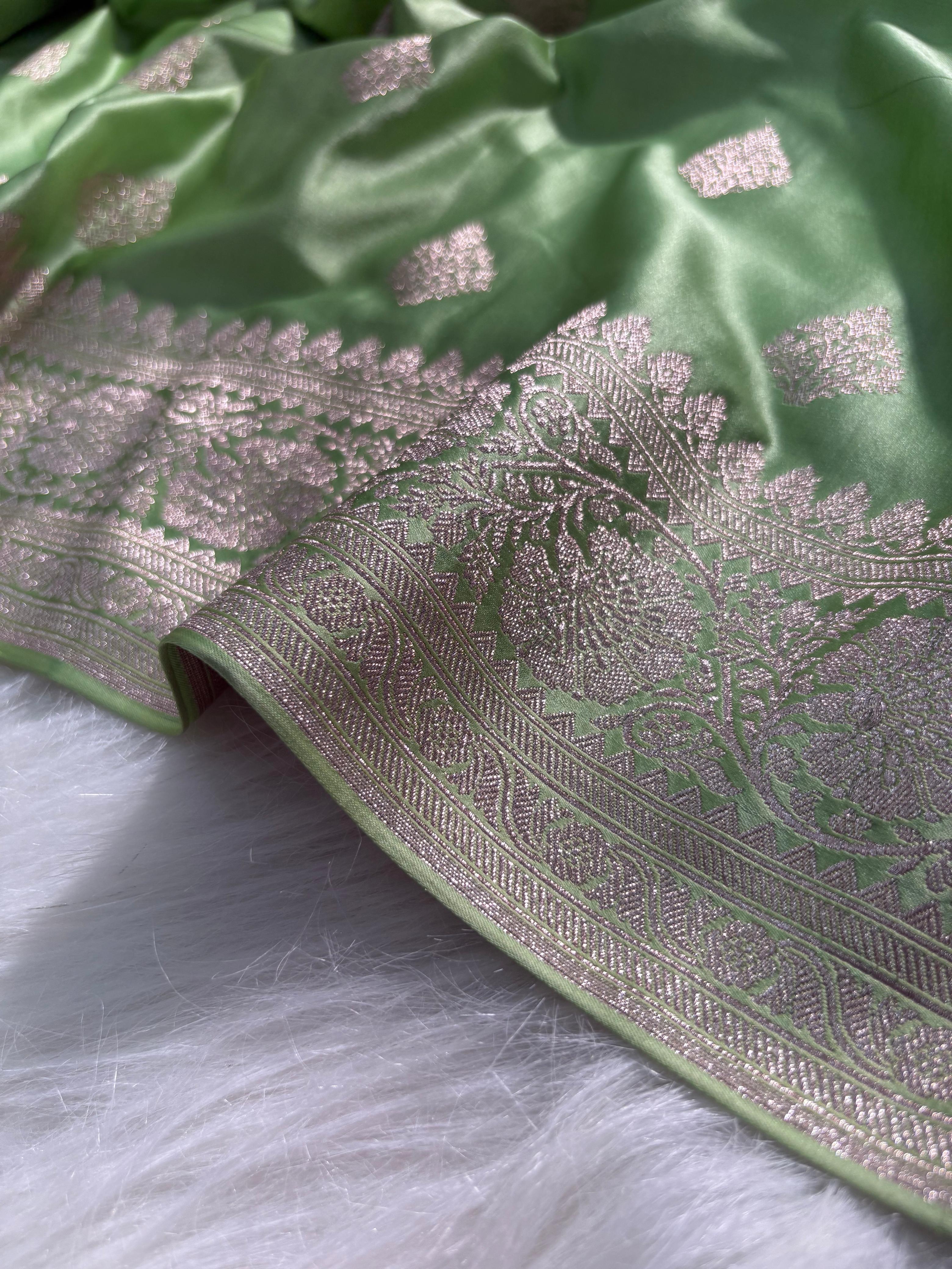 Olive Green Boota Pattern Satin Katan Silk Saree