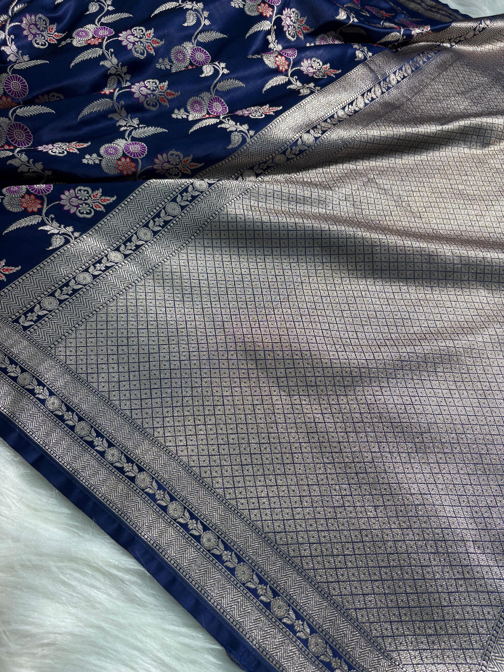 Indigo Blue Floral Jaal Minakari Mashru Silk Saree