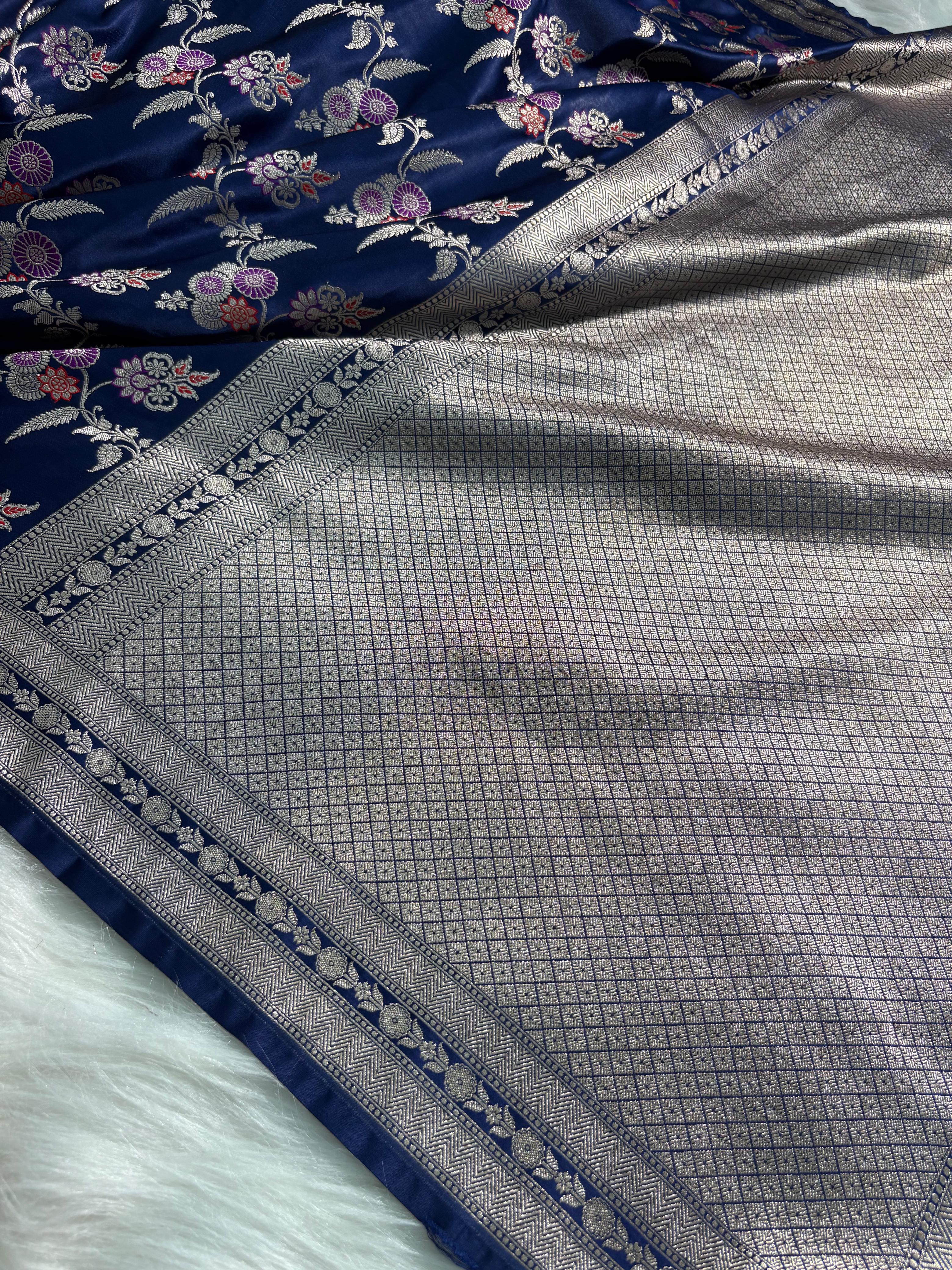 Indigo Blue Floral Jaal Minakari Mashru Silk Saree