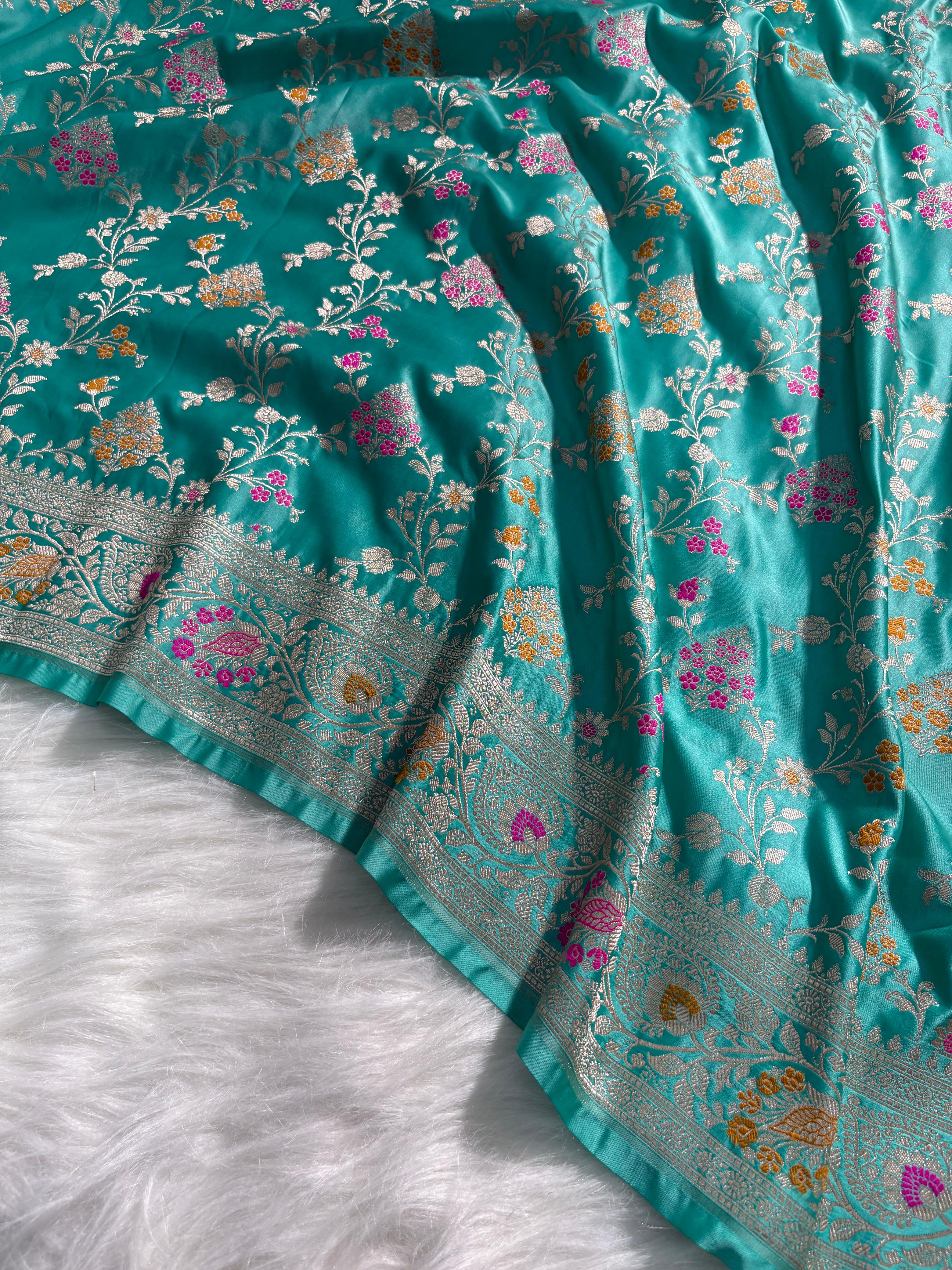 Sea Green Minakari Floral Mashru Silk Saree