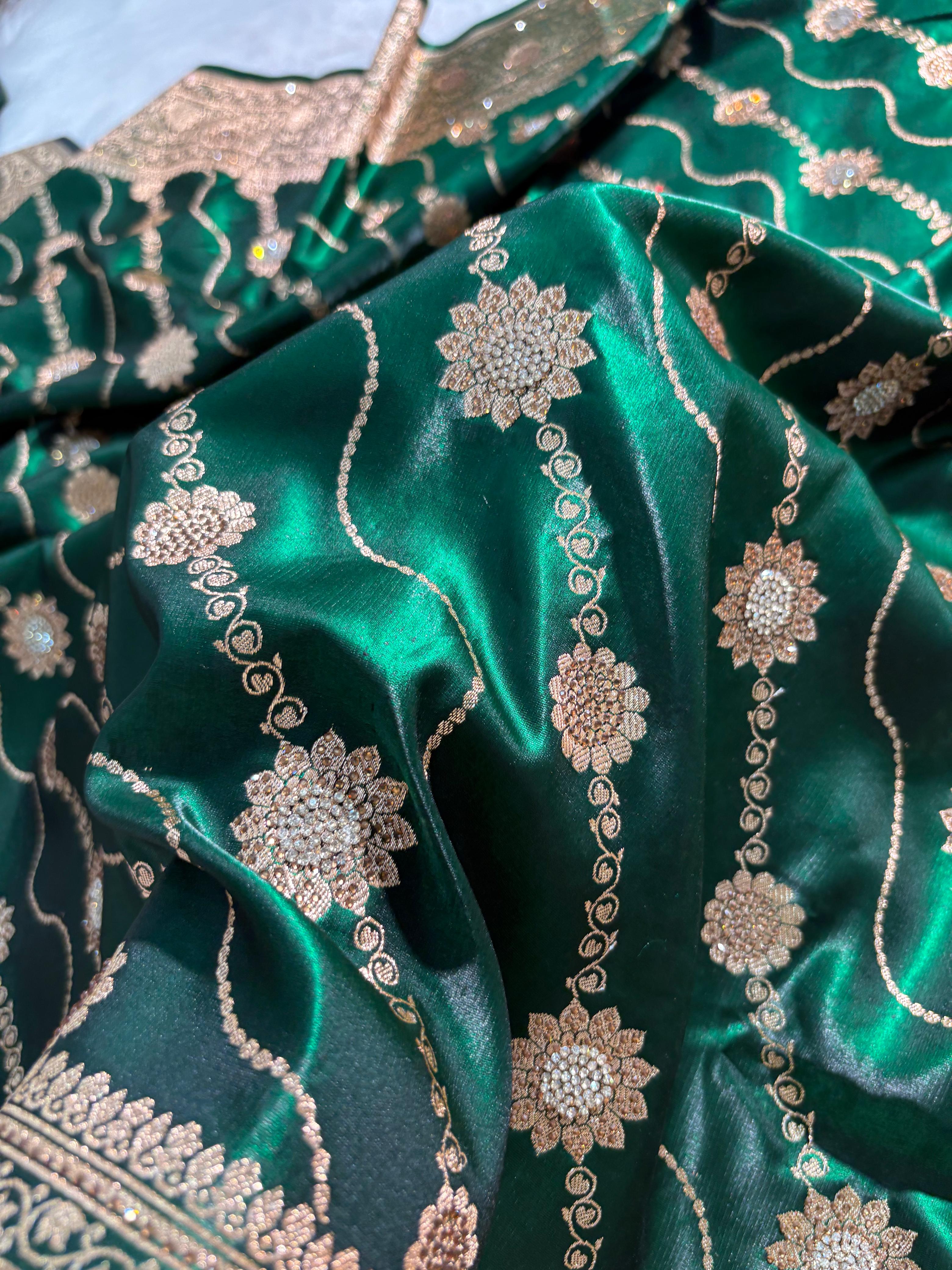 Bottle Green Satin Silk Cross Floral with Swarovski Work