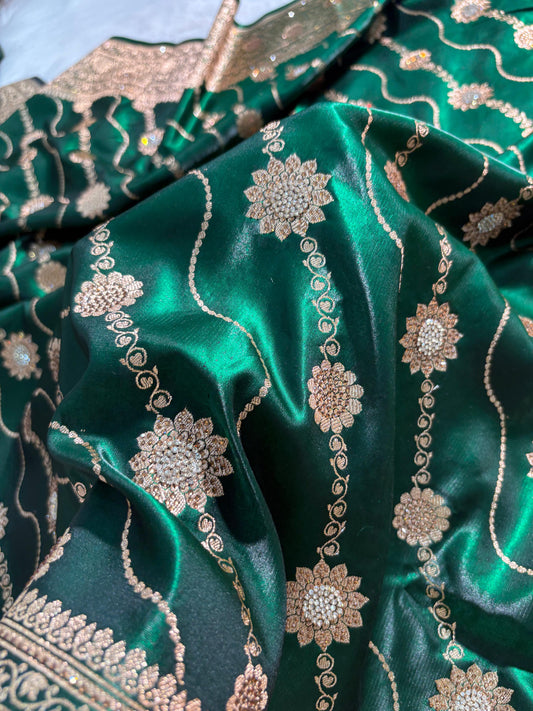 Bottle Green Satin Silk Cross Floral with Swarovski Work