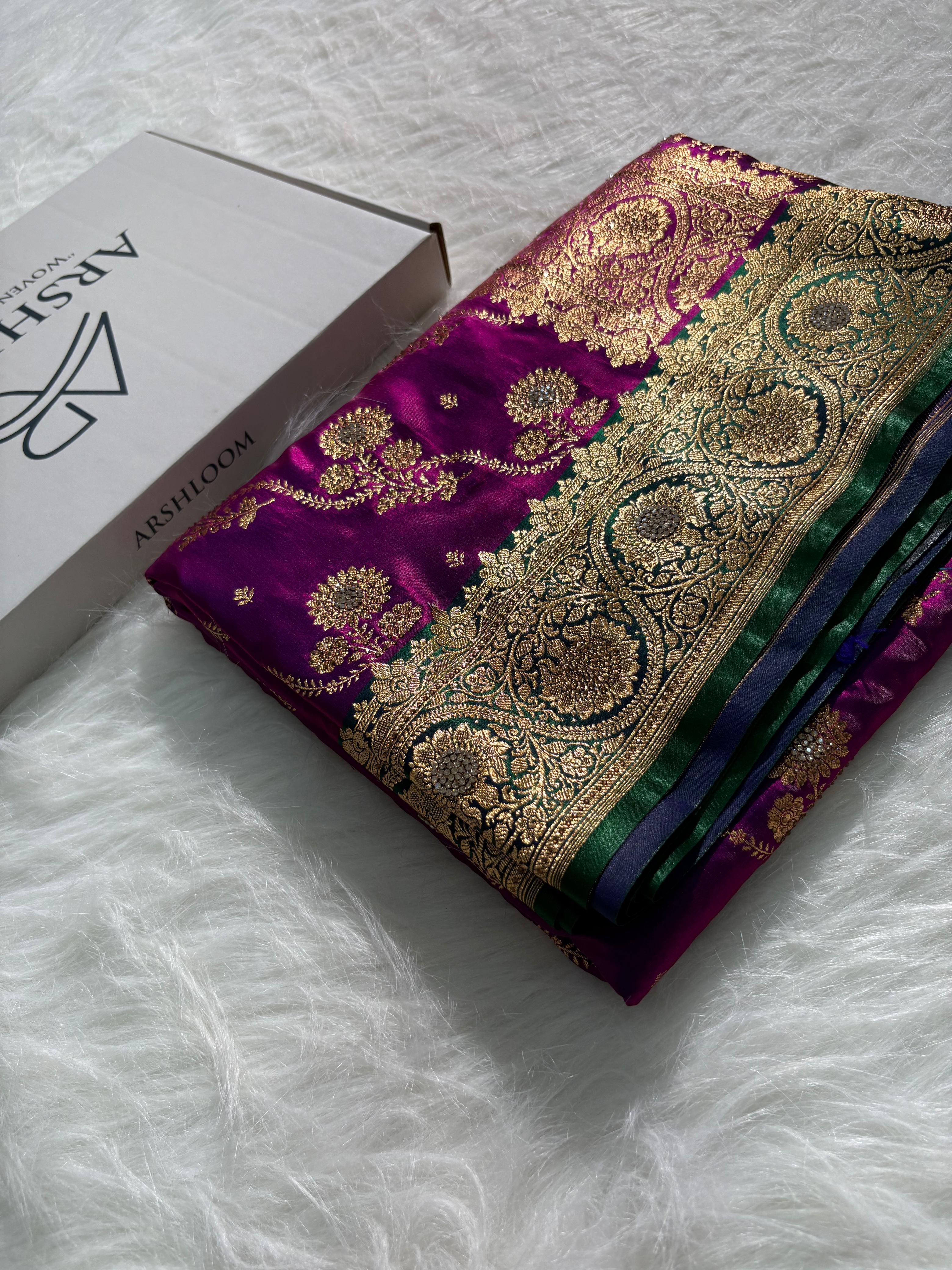 Bridal Purple - Green Banarasi Cross with Booti and Swarovski work Satin Silk Saree