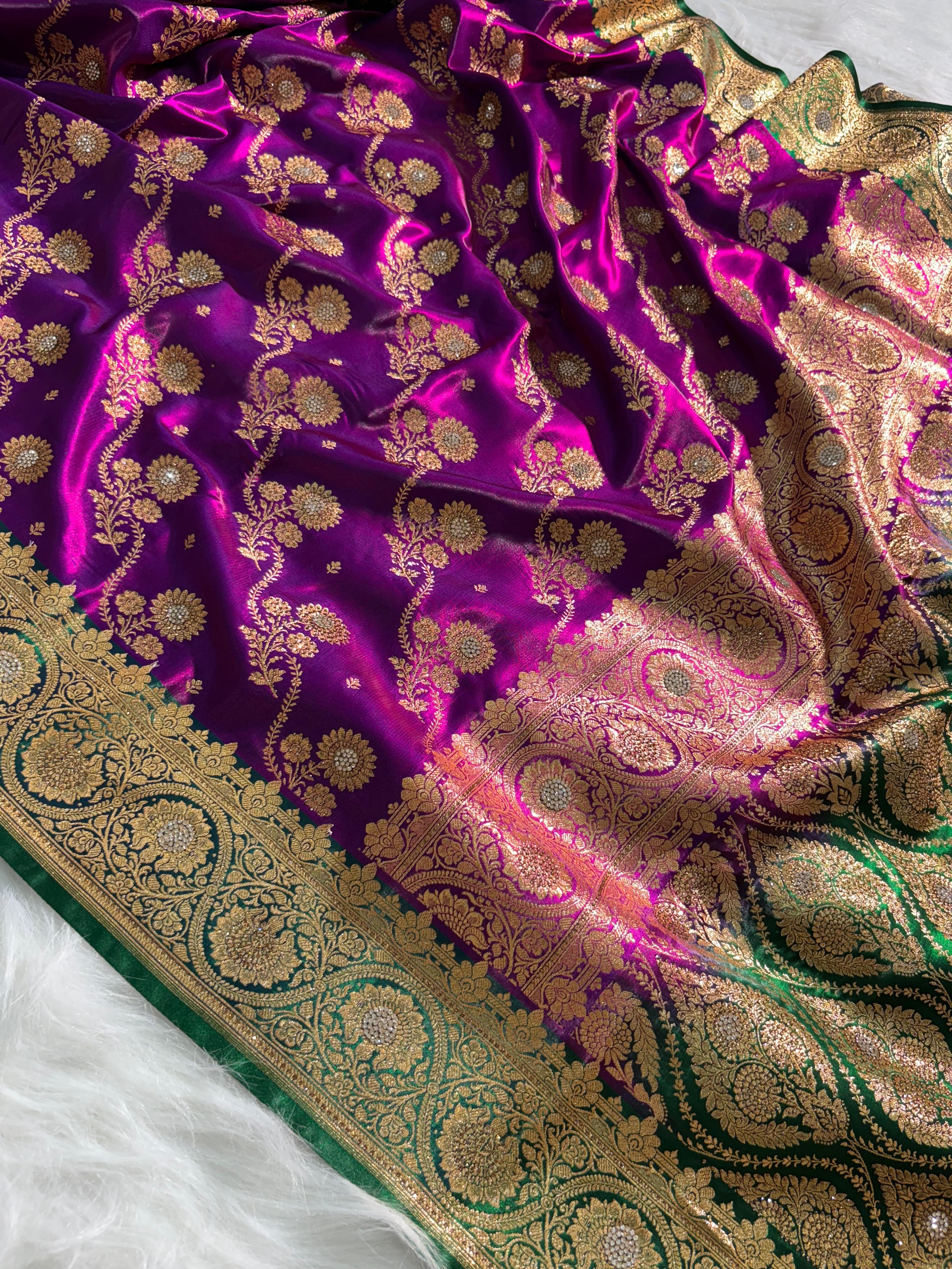 Bridal Purple - Green Banarasi Cross with Booti and Swarovski work Satin Silk Saree