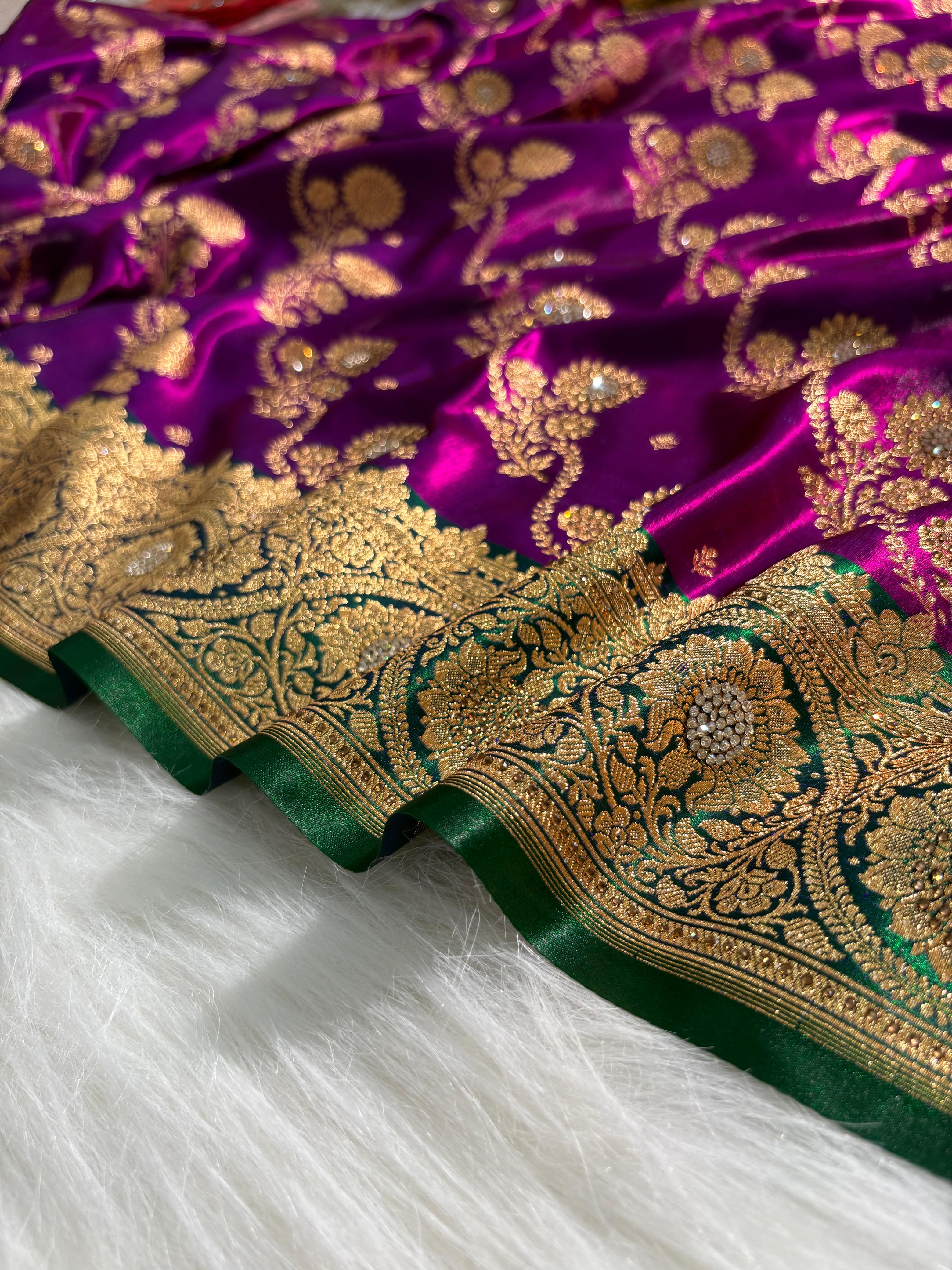 Bridal Purple - Green Banarasi Cross with Booti and Swarovski work Satin Silk Saree