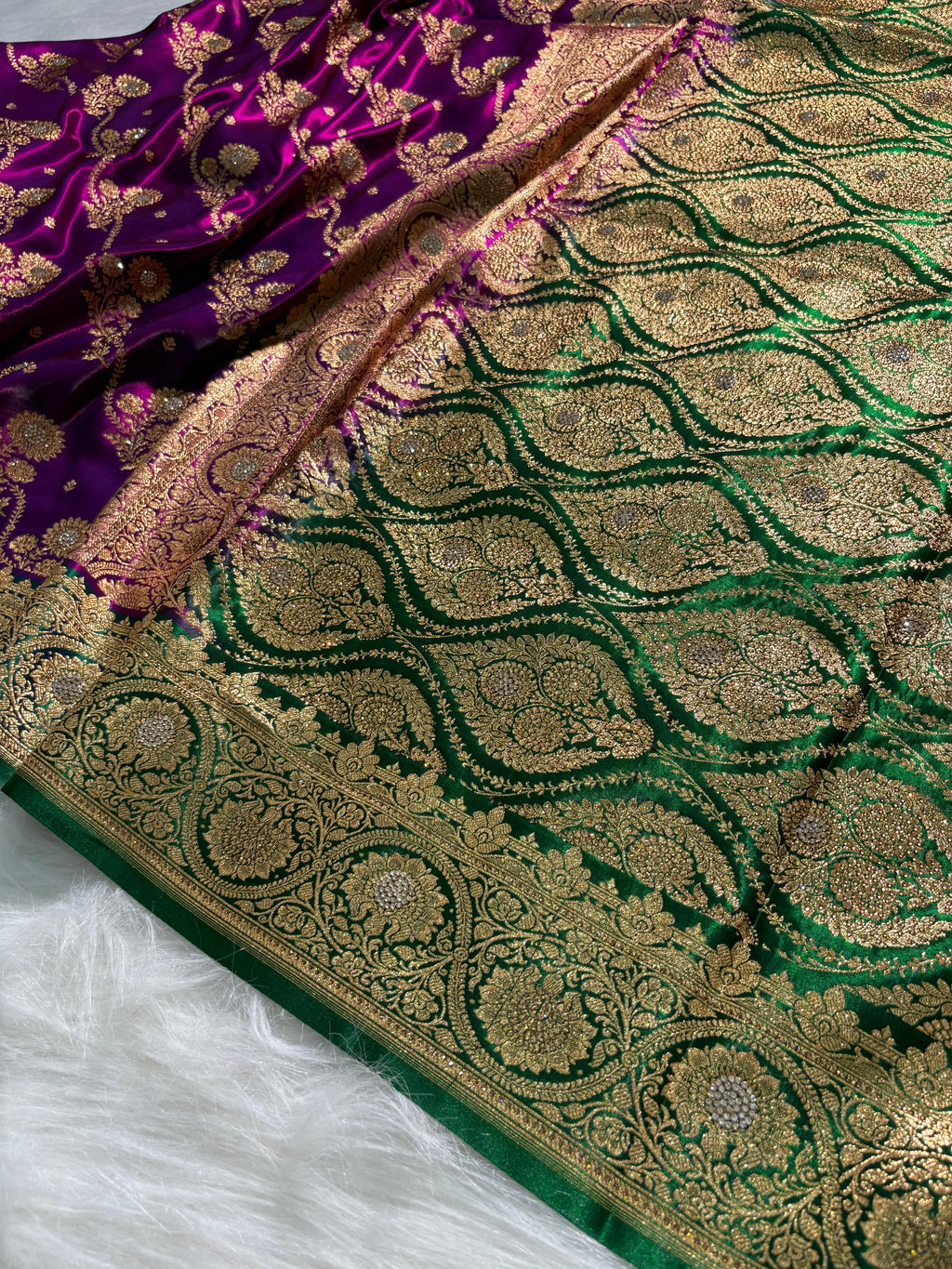 Bridal Purple - Green Banarasi Cross with Booti and Swarovski work Satin Silk Saree