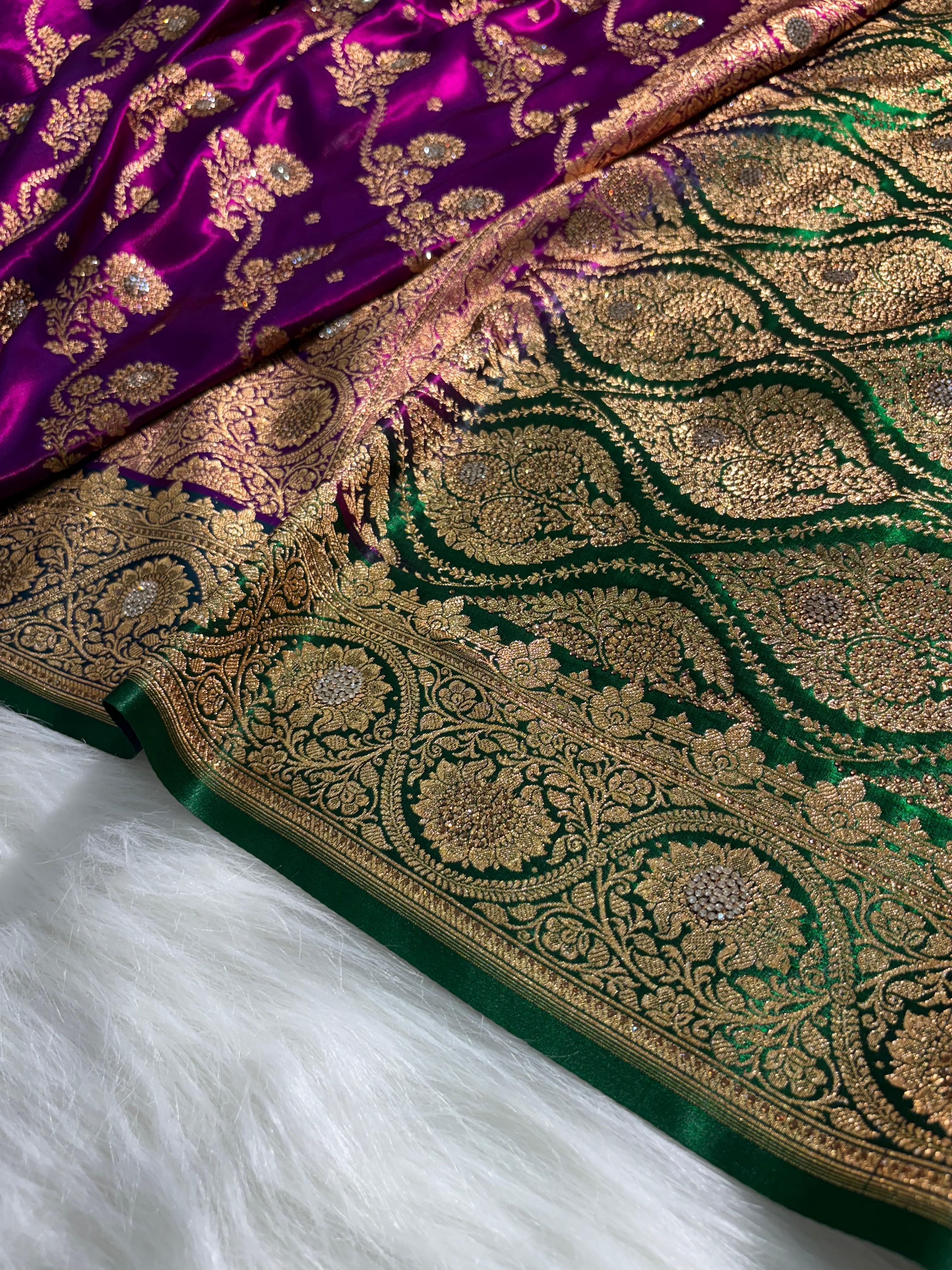 Bridal Purple - Green Banarasi Cross with Booti and Swarovski work Satin Silk Saree
