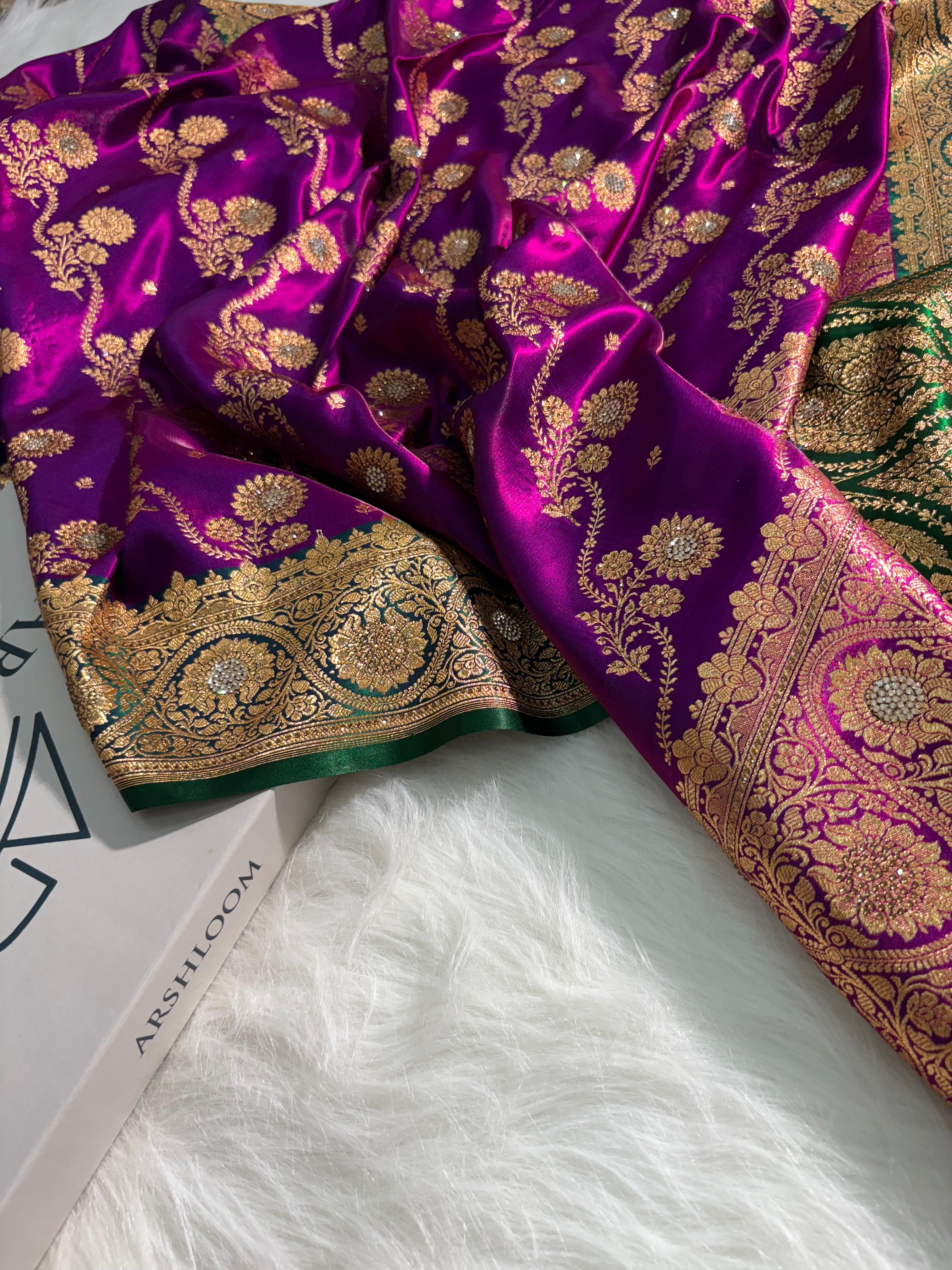 Bridal Purple - Green Banarasi Cross with Booti and Swarovski work Satin Silk Saree