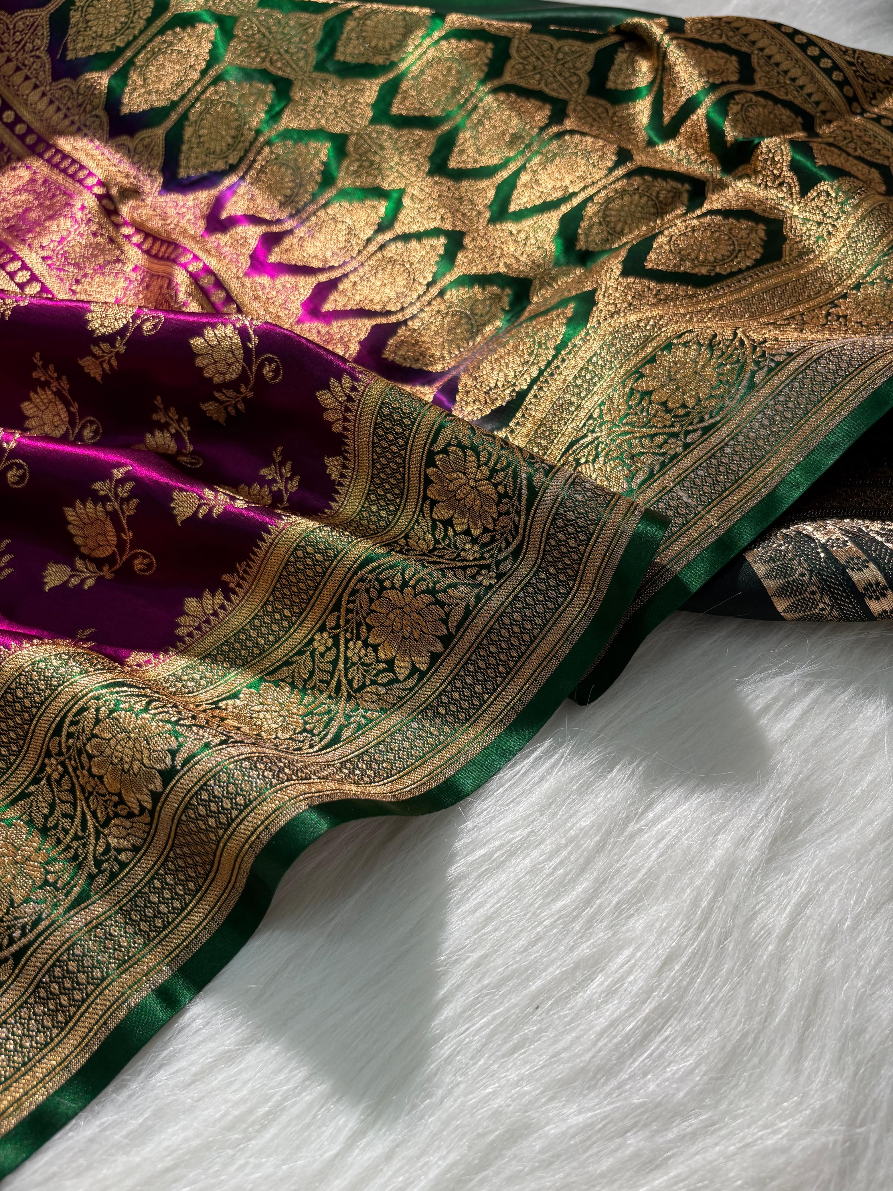 Royal Purple - Green Floral Motifs Satin Silk Saree