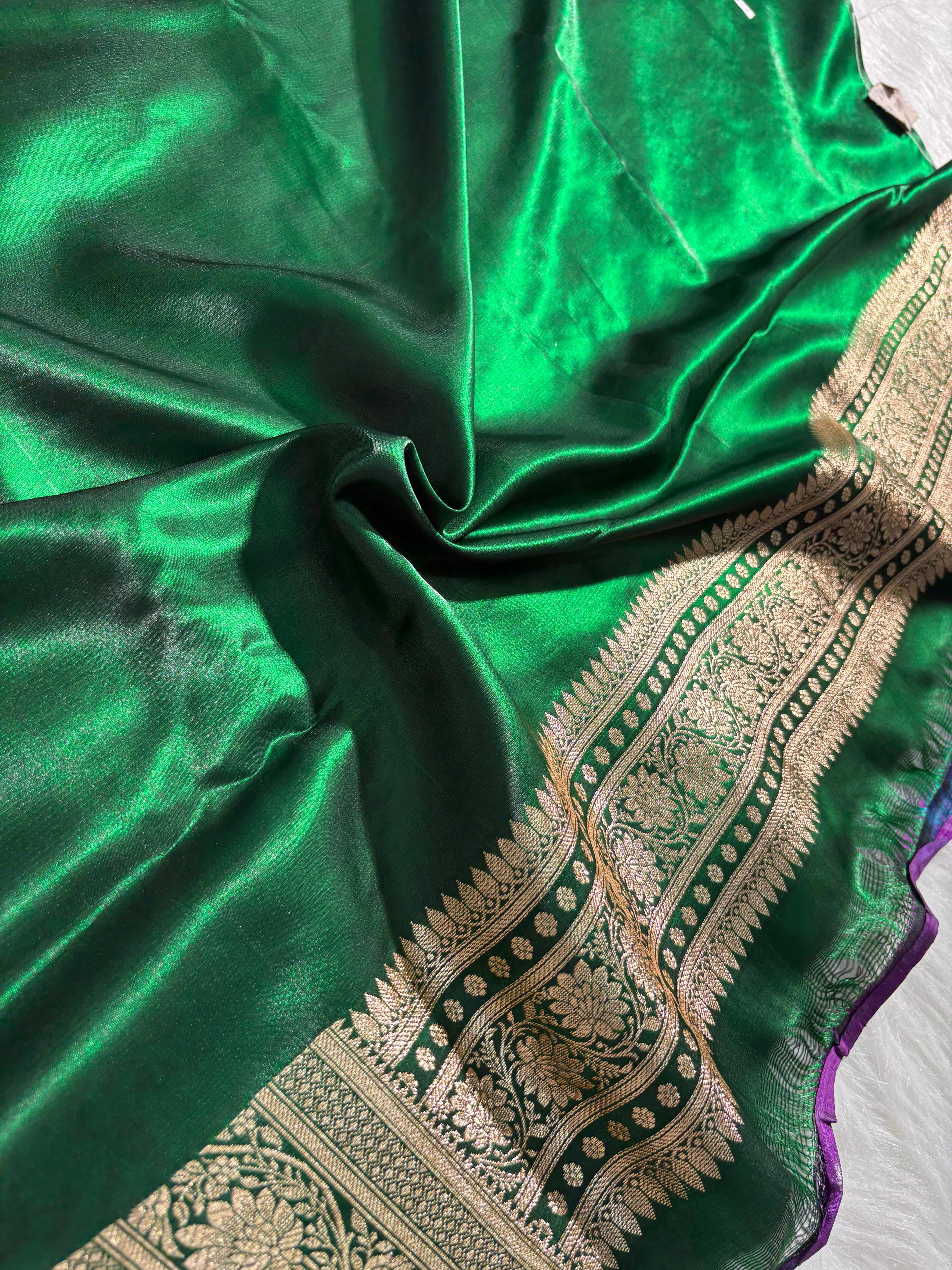 Royal Purple - Green Floral Motifs Satin Silk Saree