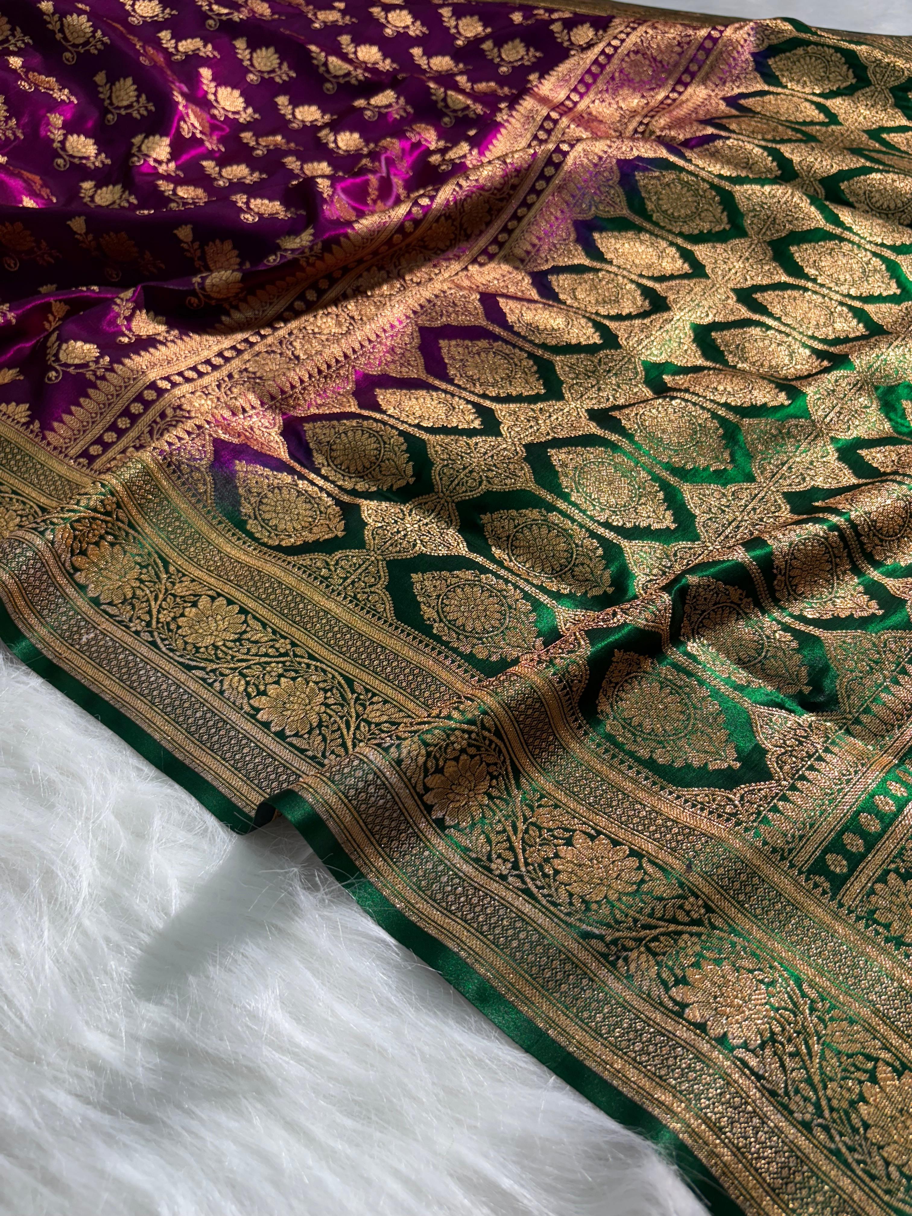 Royal Purple - Green Floral Motifs Satin Silk Saree