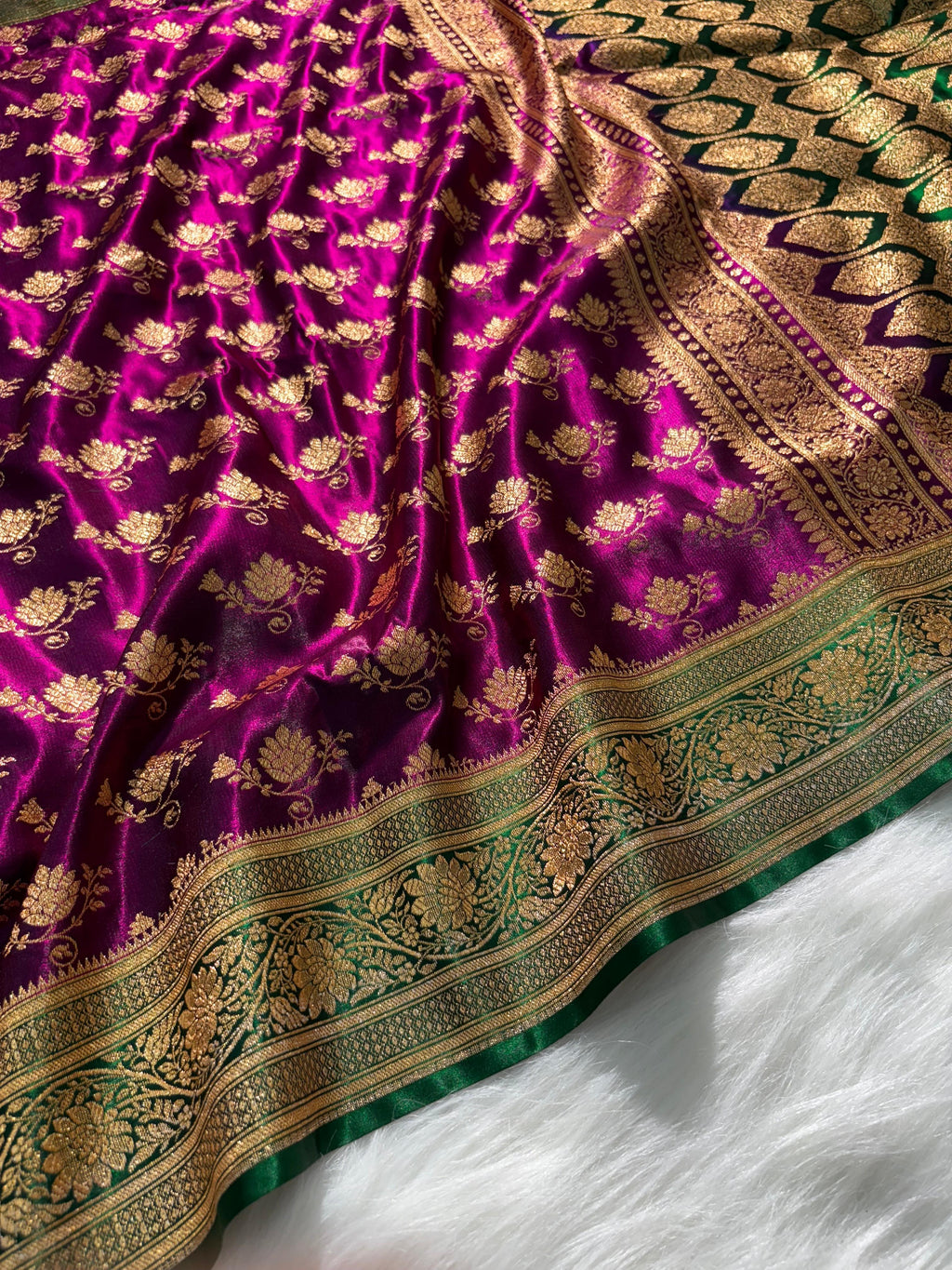 Royal Purple - Green Floral Motifs Satin Silk Saree