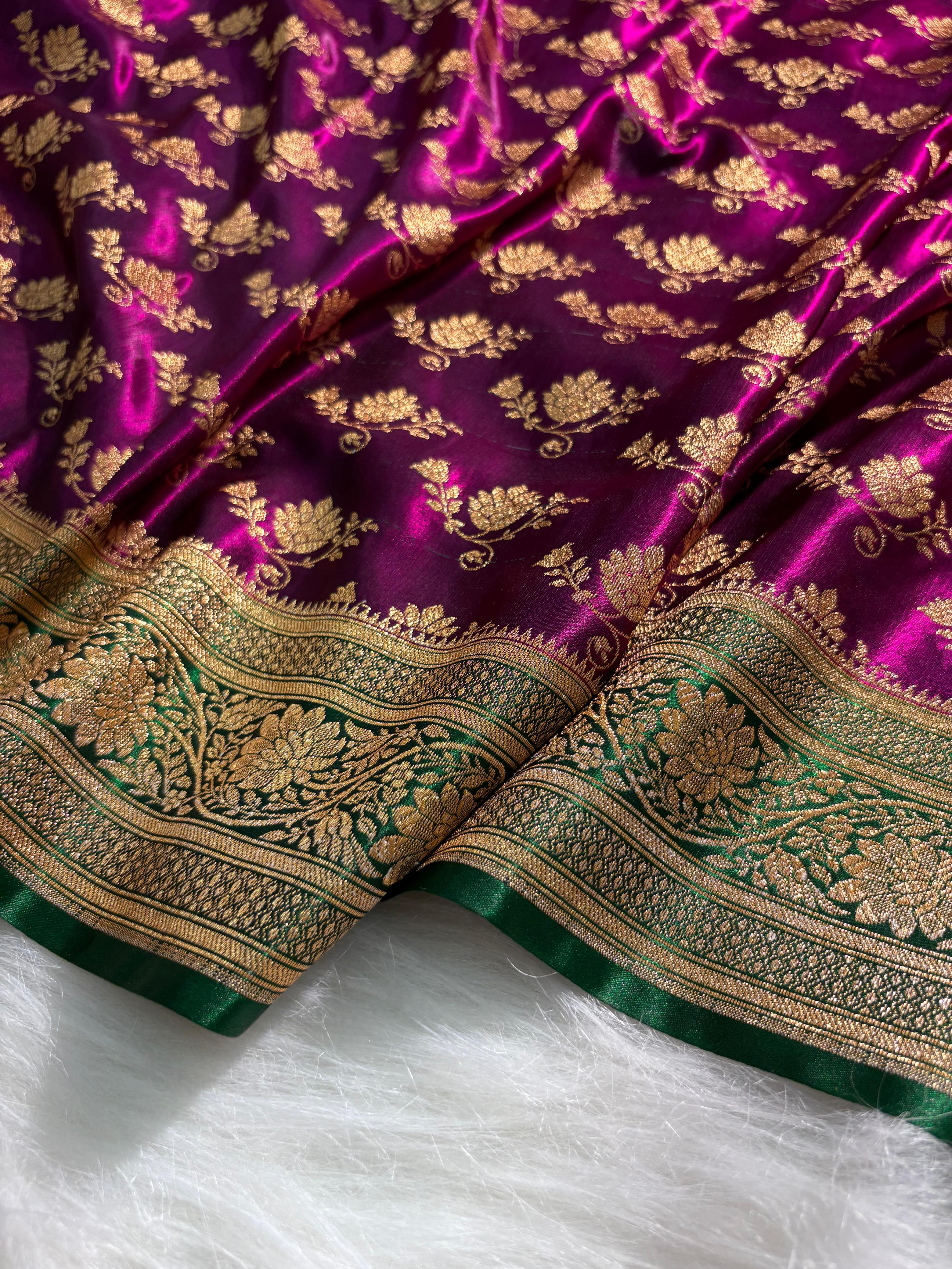 Royal Purple - Green Floral Motifs Satin Silk Saree