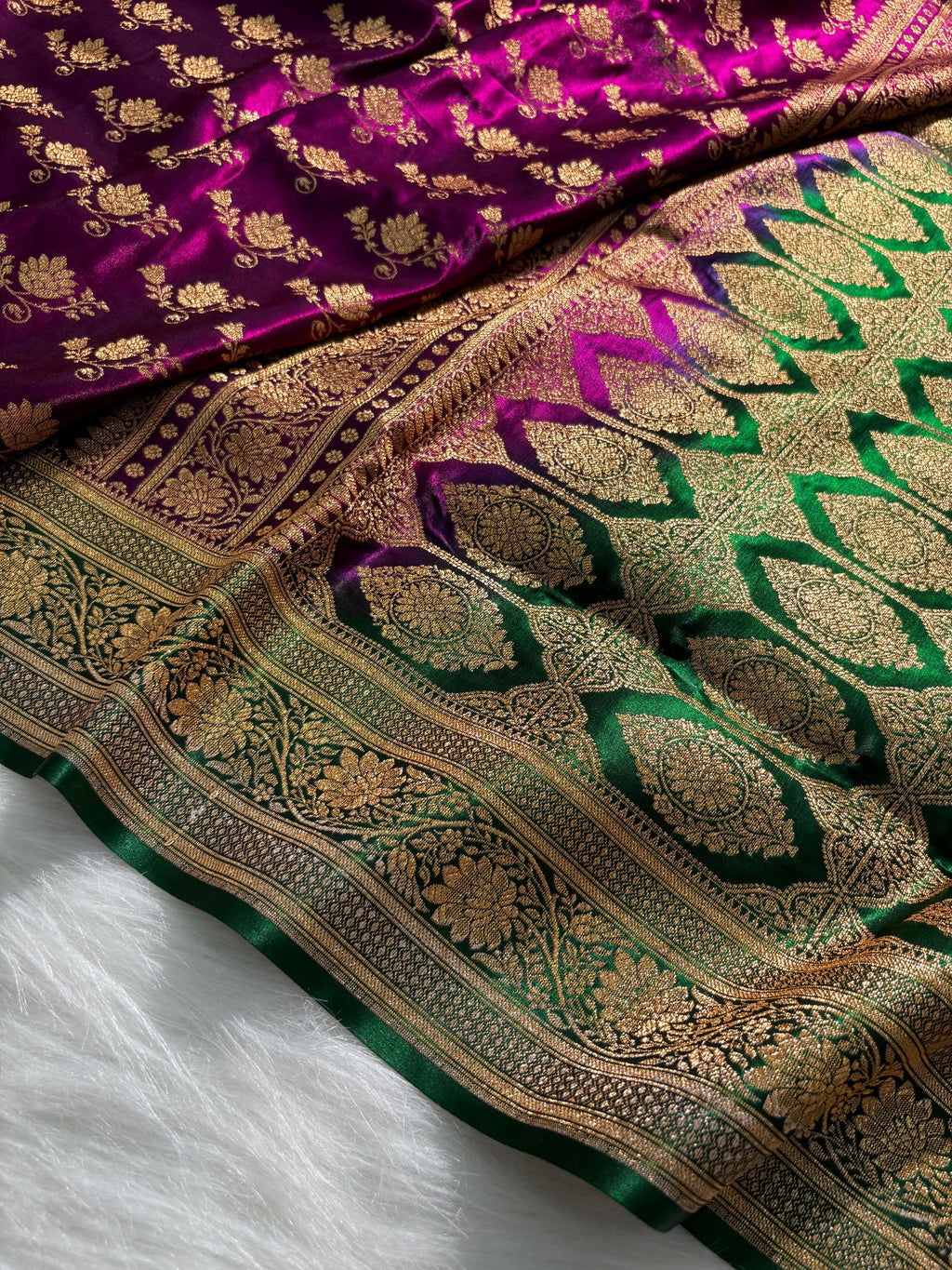 Royal Purple - Green Floral Motifs Satin Silk Saree