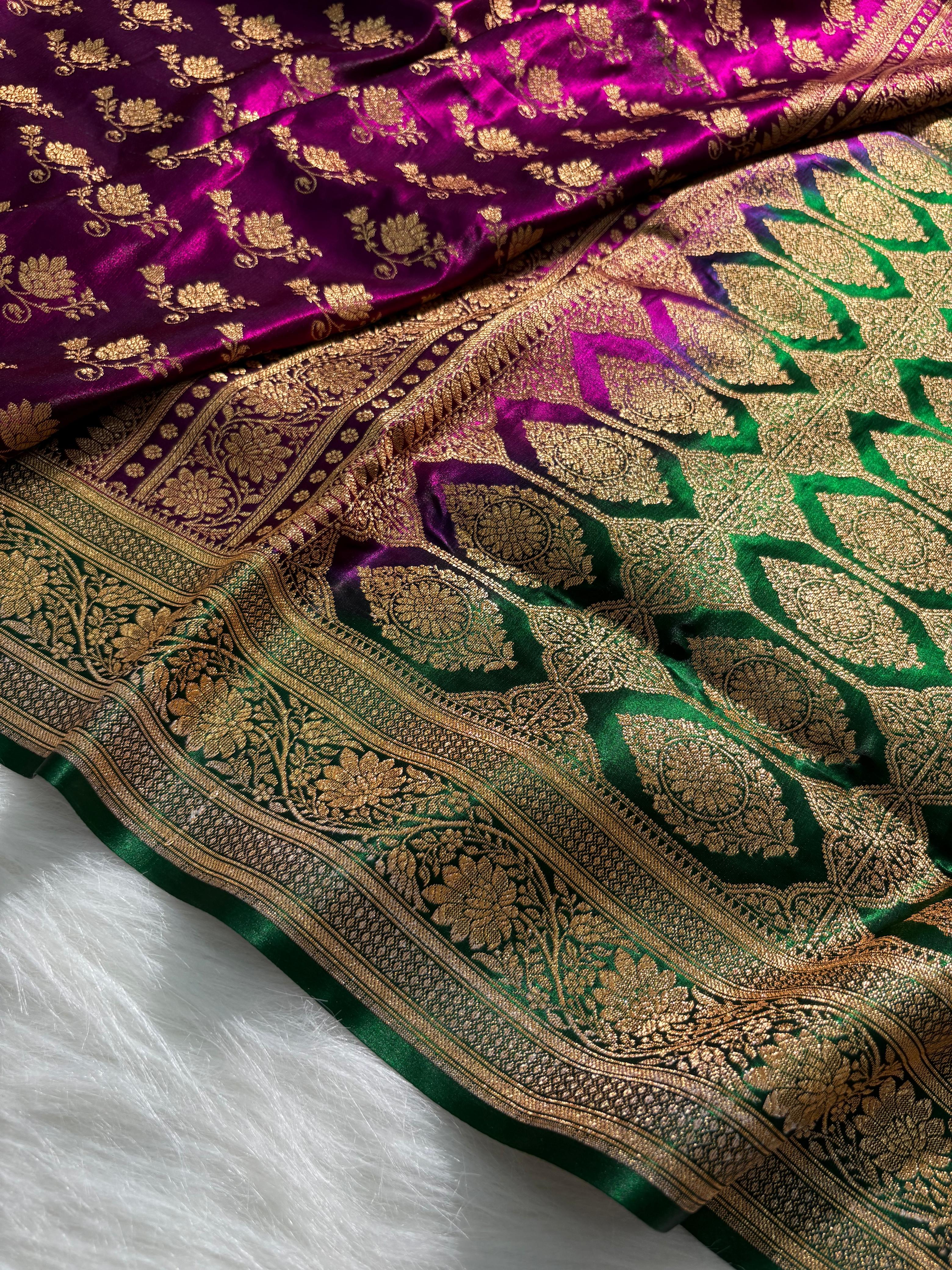 Royal Purple - Green Floral Motifs Satin Silk Saree