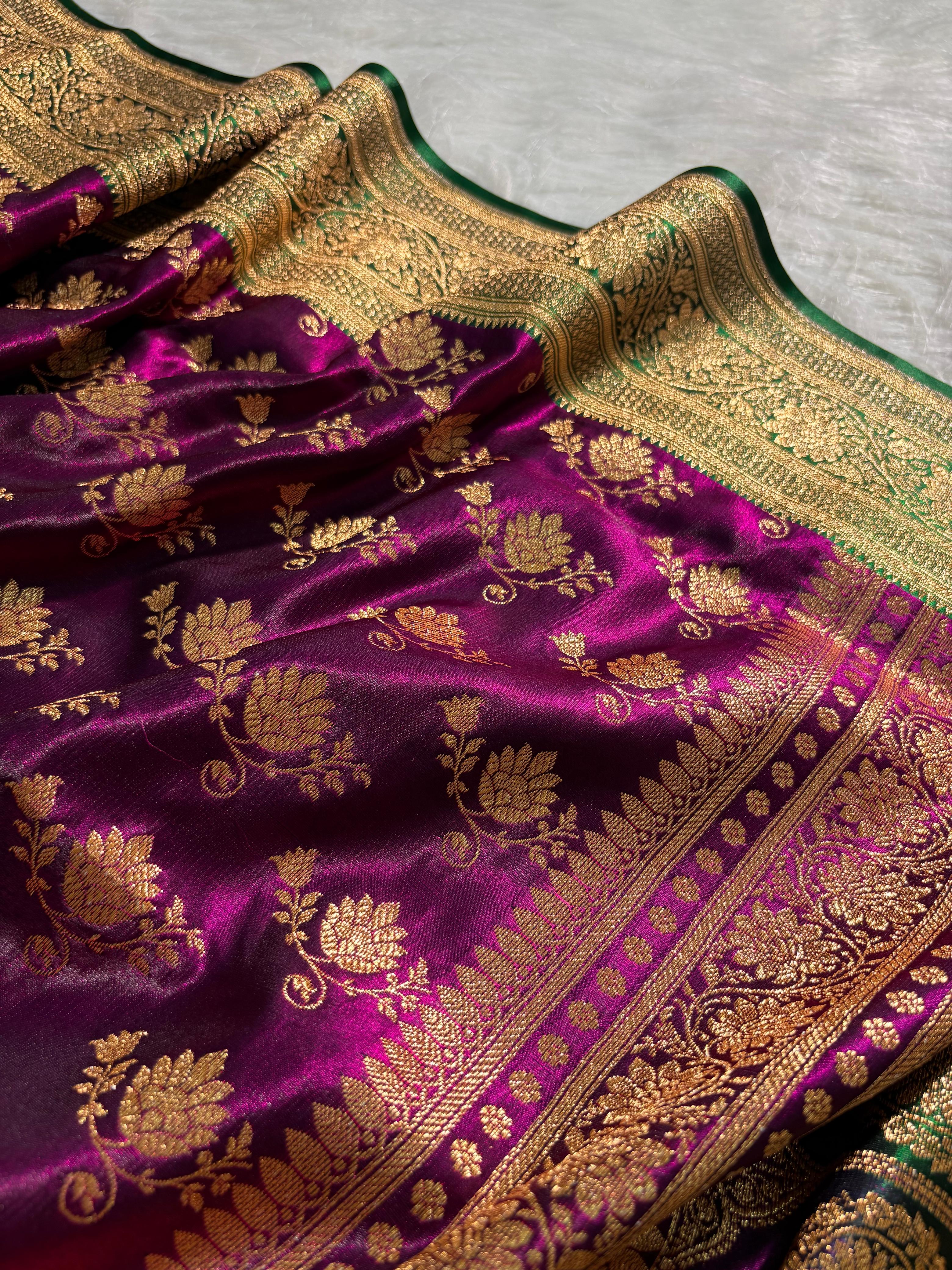 Royal Purple - Green Floral Motifs Satin Silk Saree
