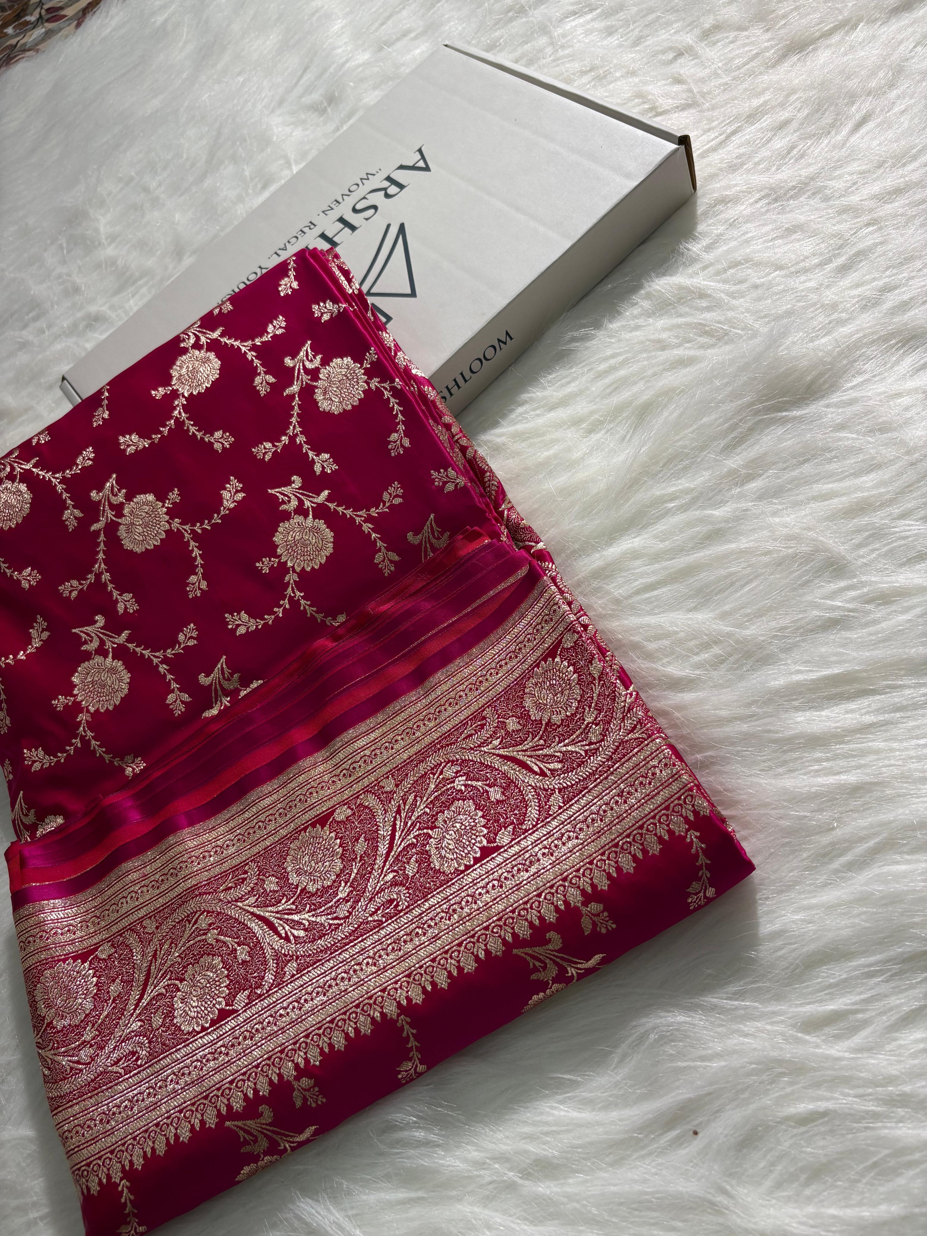 Rani - Pink Floral Jaal Pattern Satin Katan Silk Saree