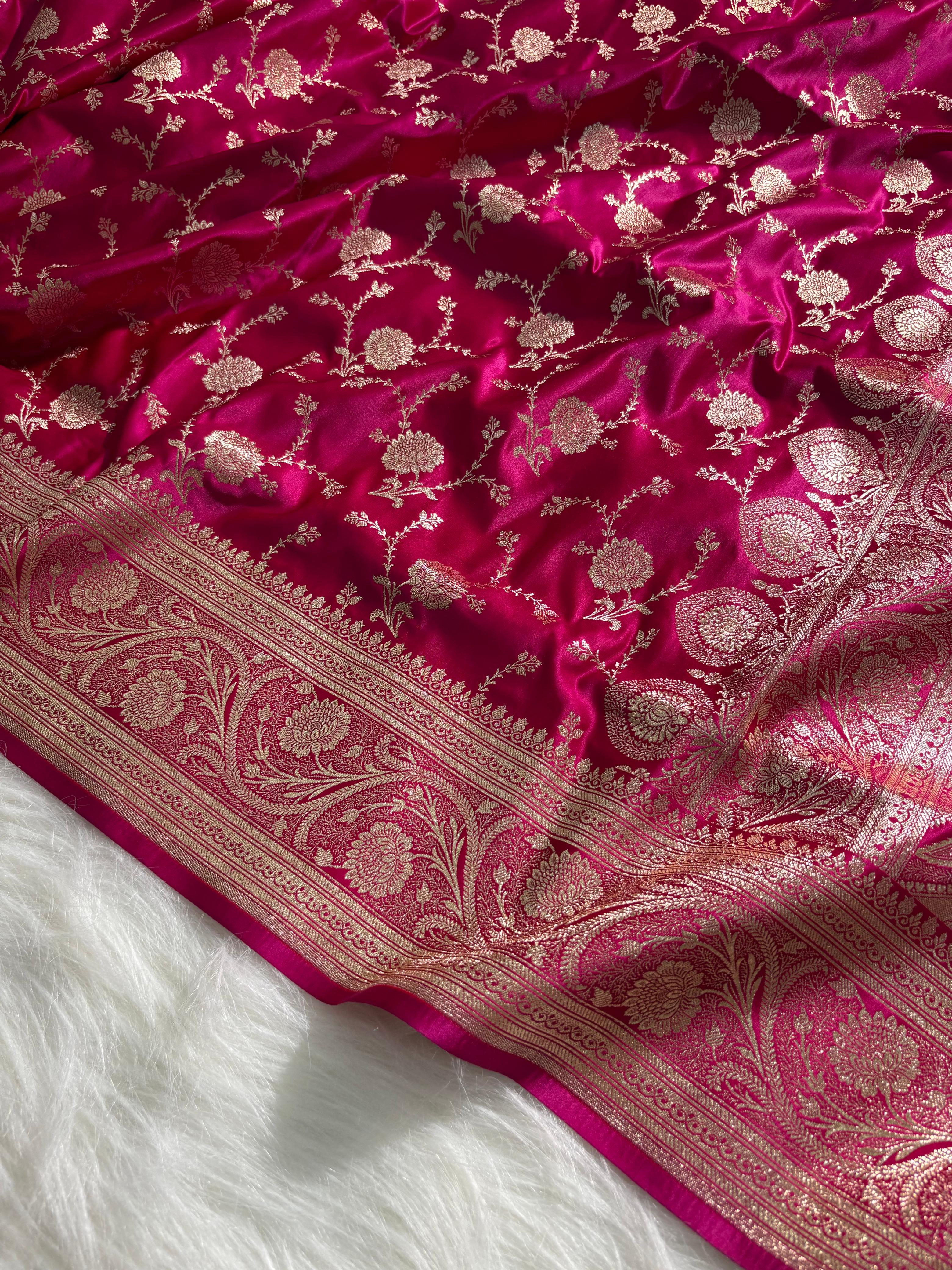 Rani - Pink Floral Jaal Pattern Satin Katan Silk Saree